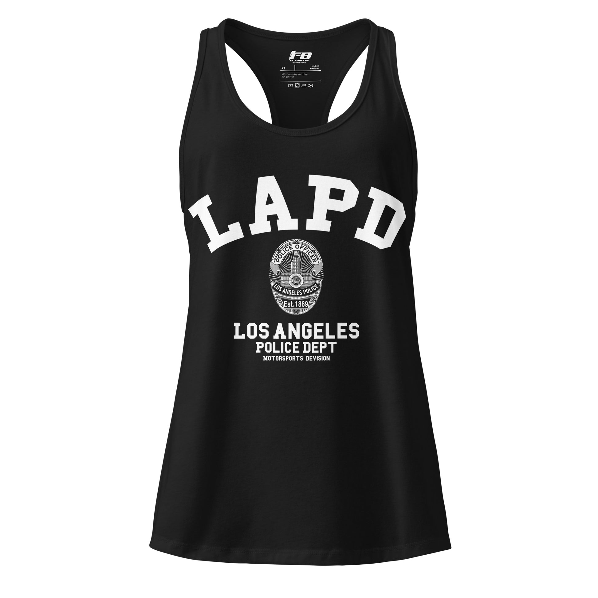 Black tank top with 'LAPD Los Angeles Police Dept' text on a white background