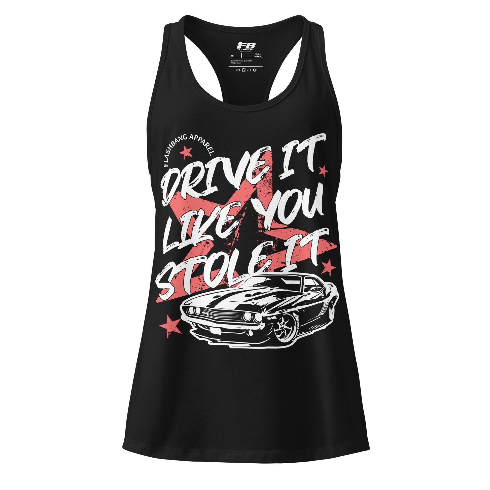 Black tank top with graphic design and text on a white background