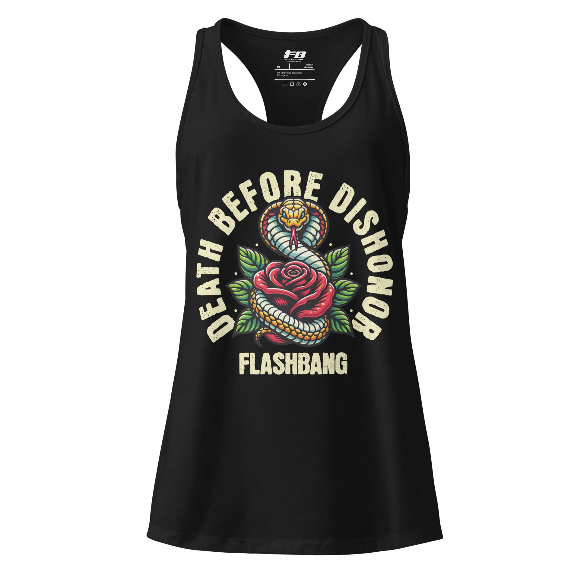 Black tank top with 'Death Before Dishonor' graphic design on a white background