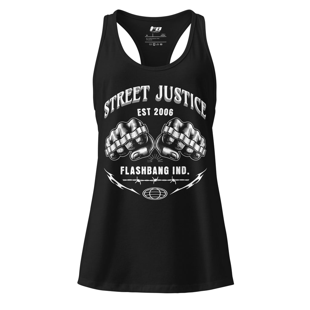 Black tank top with 'Street Justice' and 'Flashbang Ind.' text on a white background
