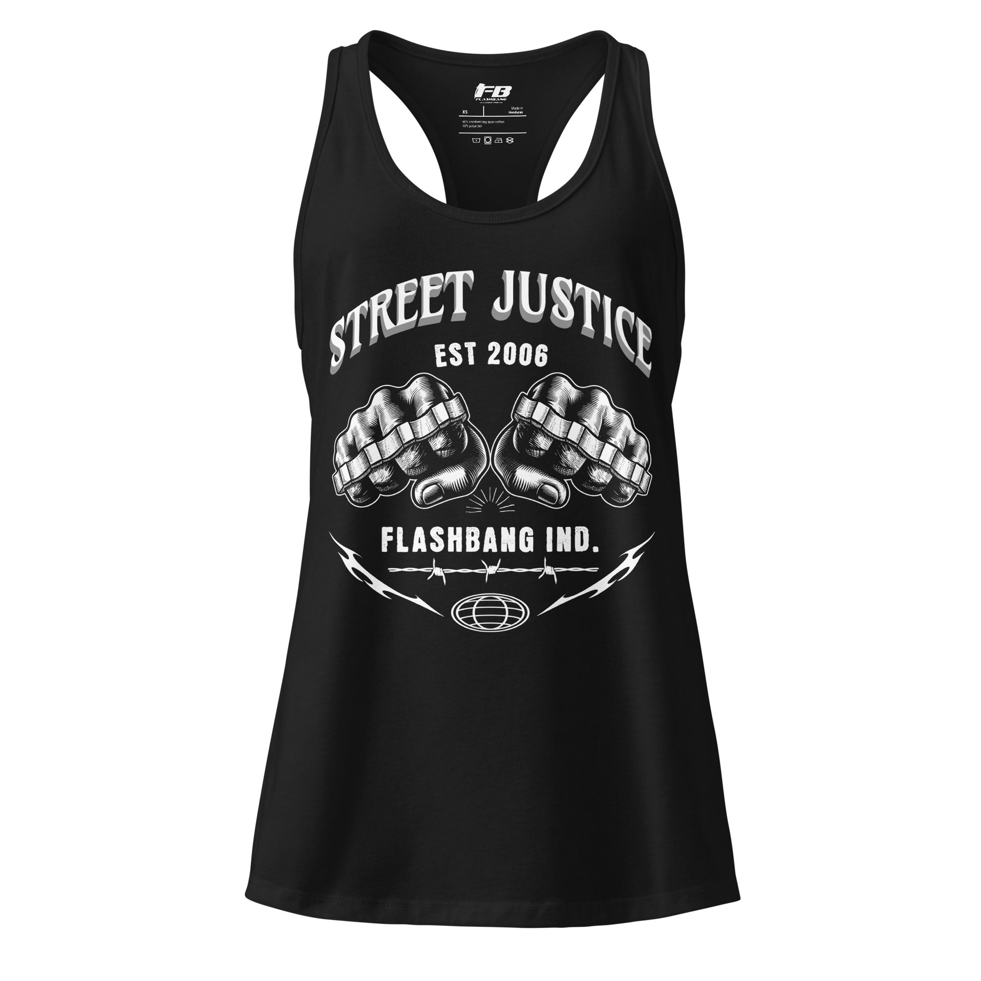 Black tank top with 'Street Justice' and 'Flashbang Ind.' text on a white background