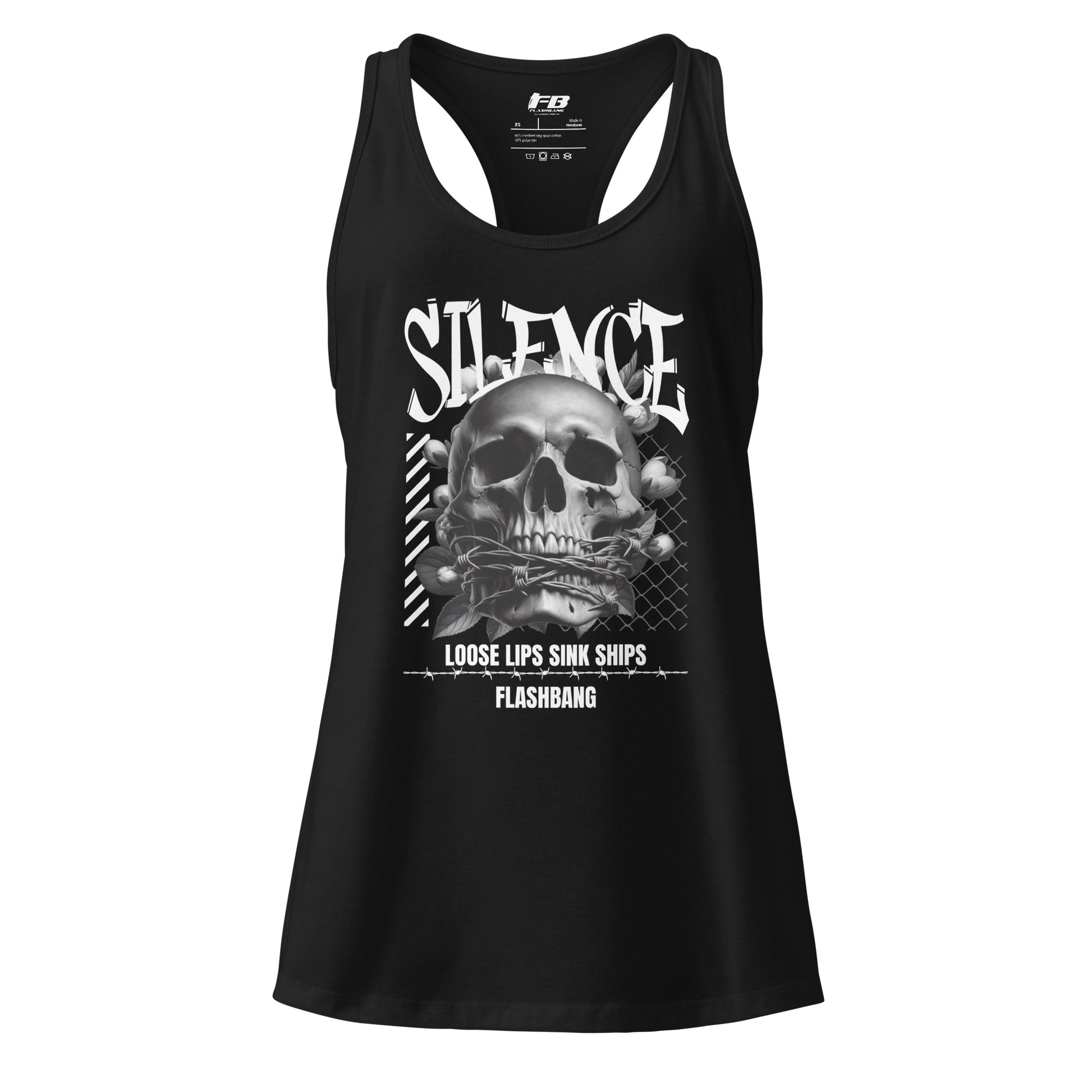 Black tank top with skull design and text on a white background