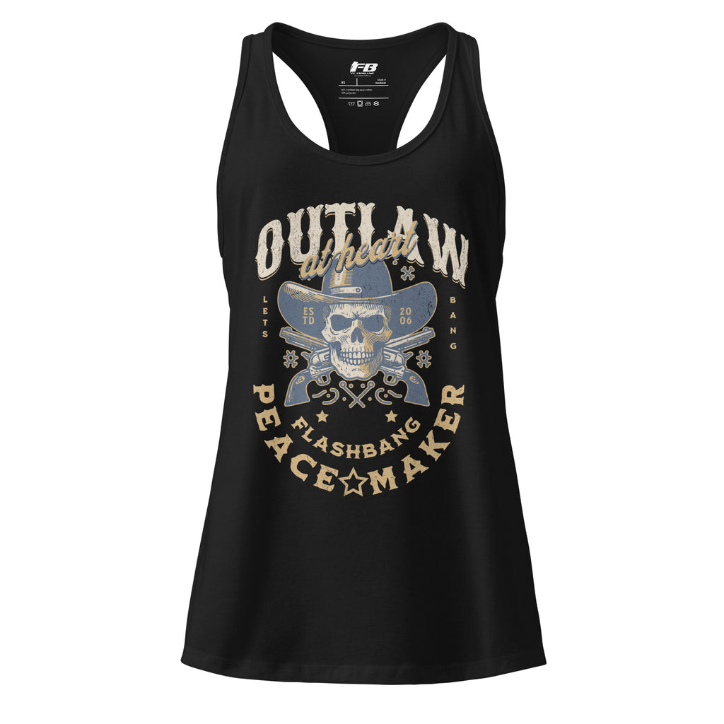 Black tank top with skull and crossbones design and text on a white background