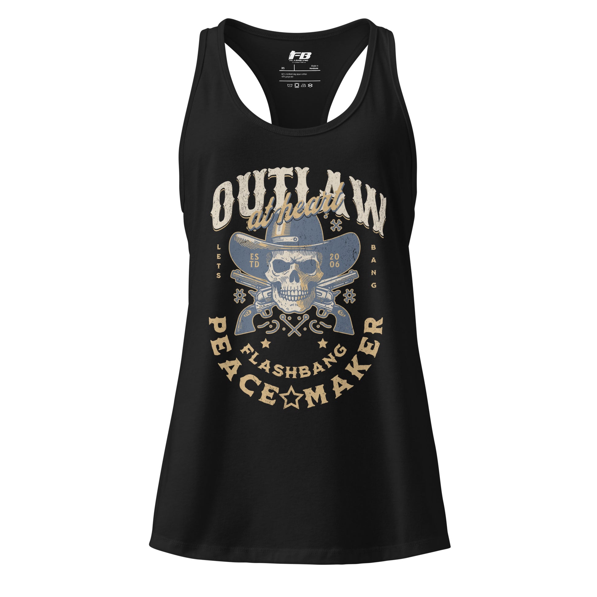 Black tank top with skull and crossbones design and text on a white background