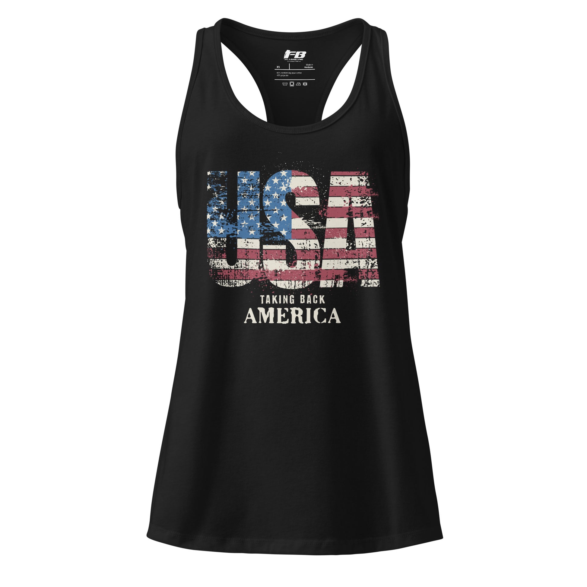 Black tank top with USA graphic and text on a white background