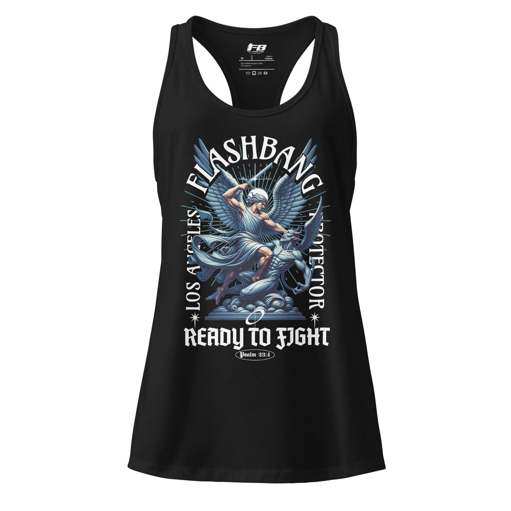 Black tank top with graphic design and text on a white background