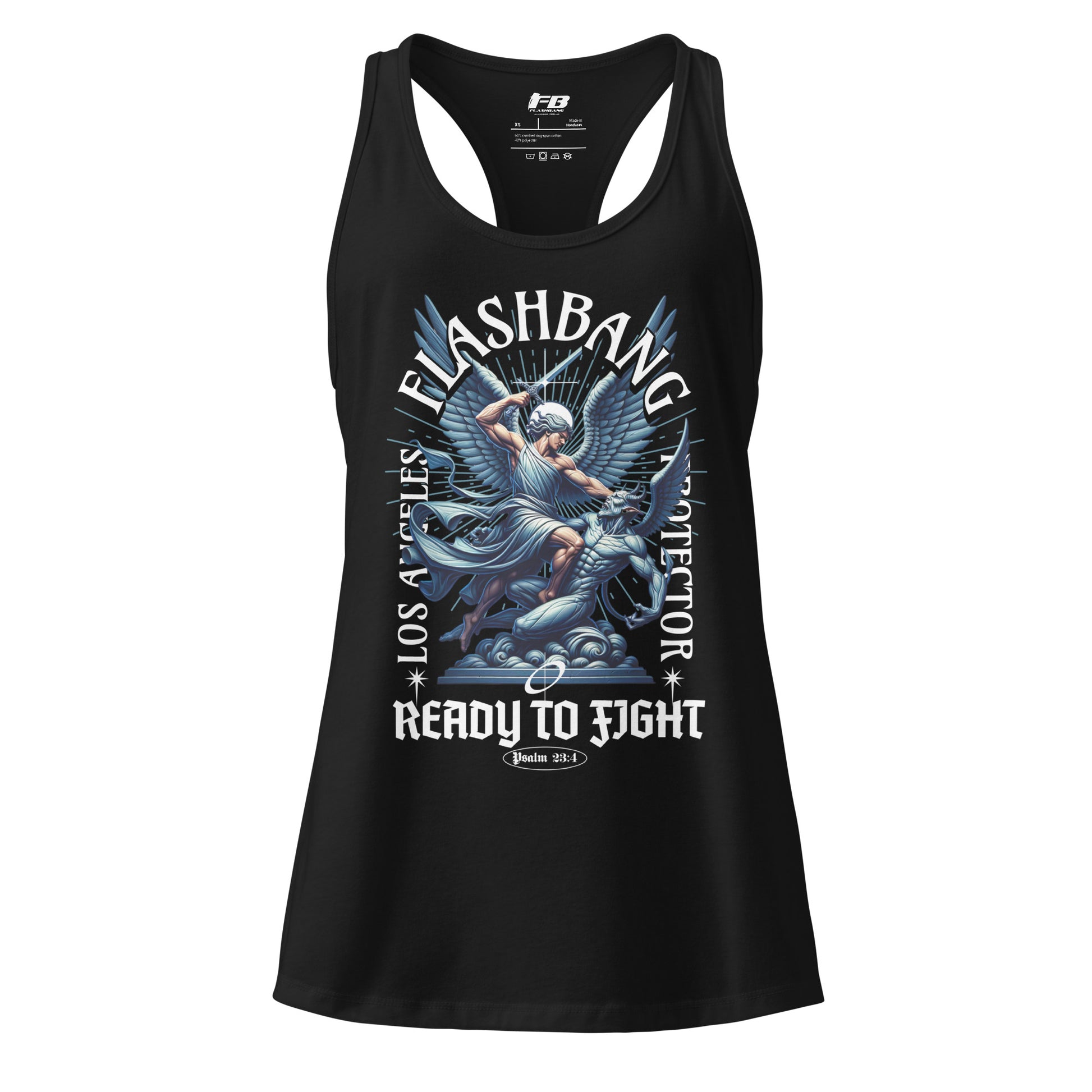 Black tank top with graphic design and text on a white background