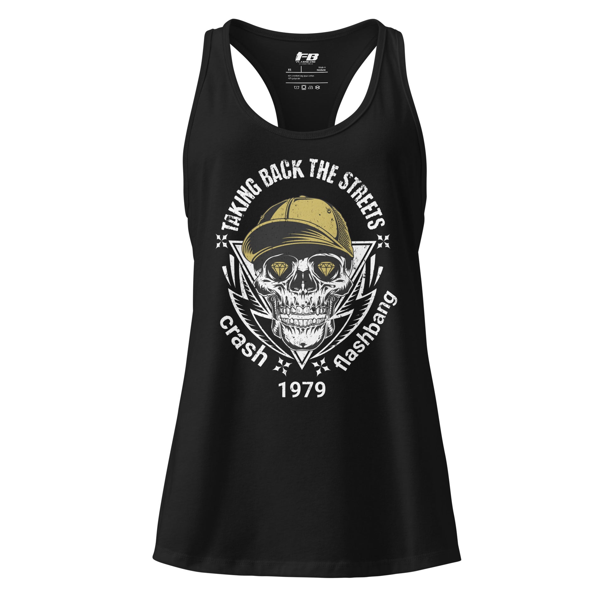Black tank top with skull and cap graphic design on a white background