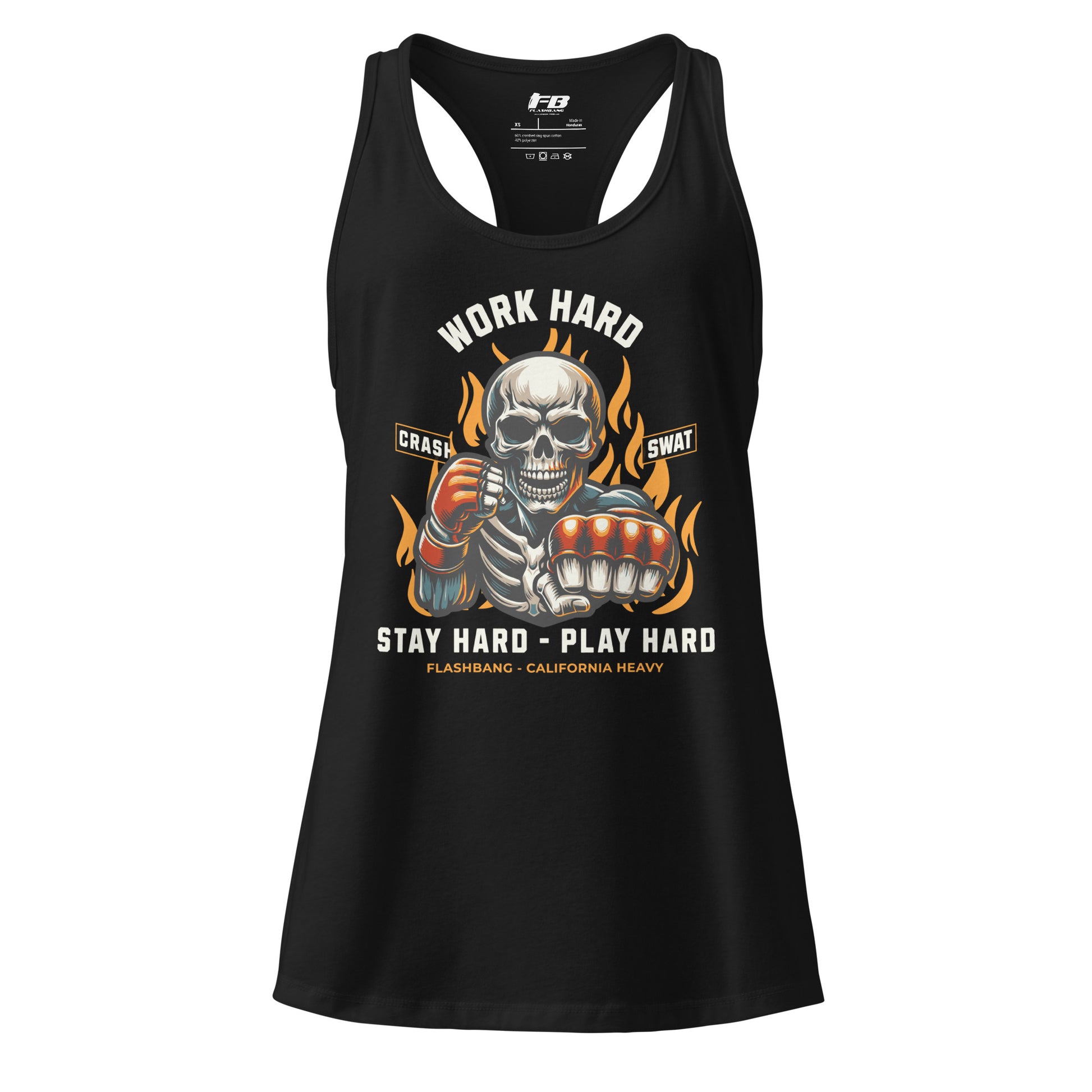 Black tank top with a skeleton design and text on a white background