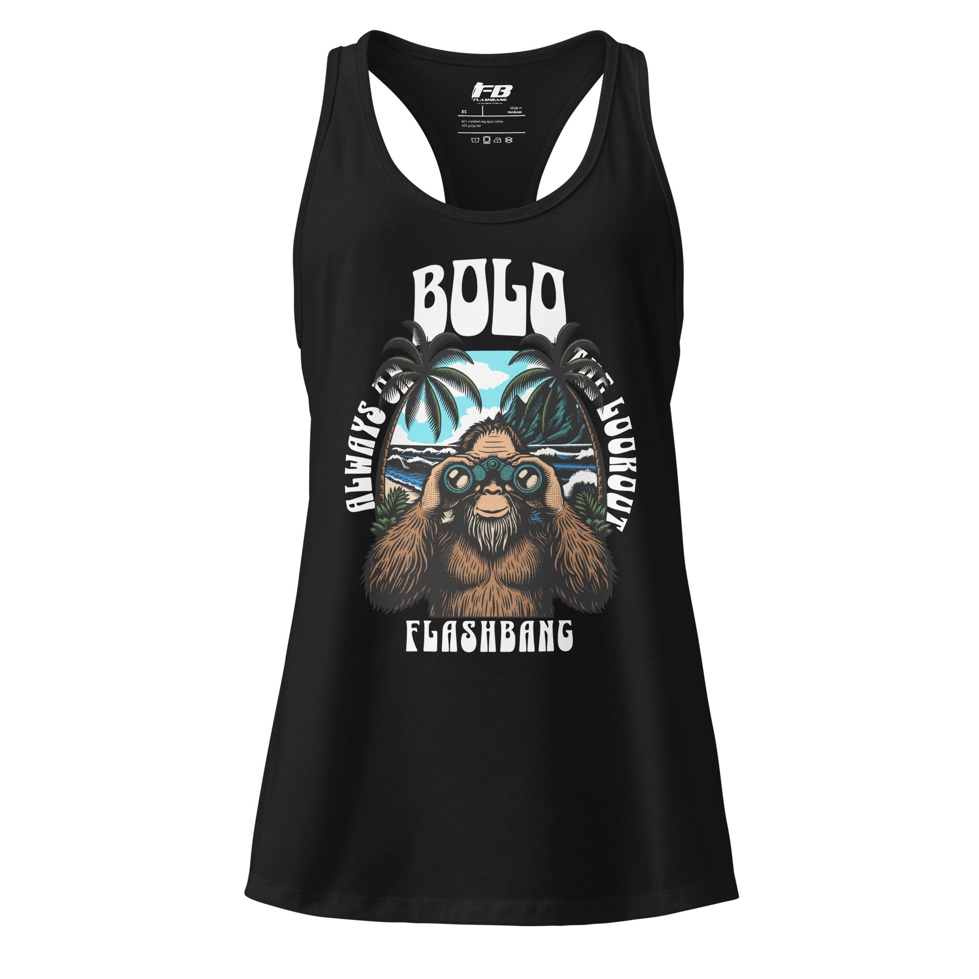 Black tank top with a graphic design of a monkey and text on a white background