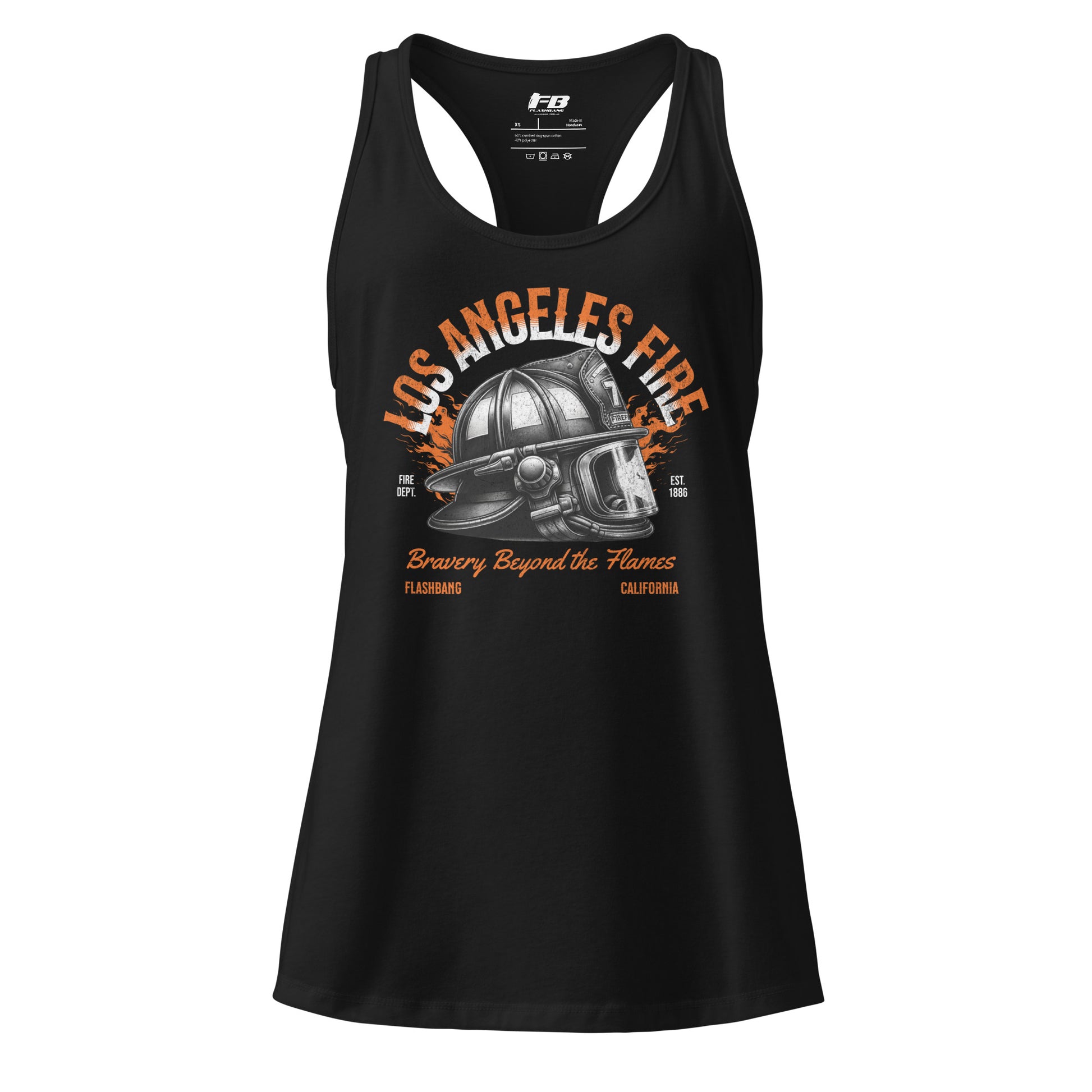 Black tank top with 'Los Angeles Fire' graphic design on a white background