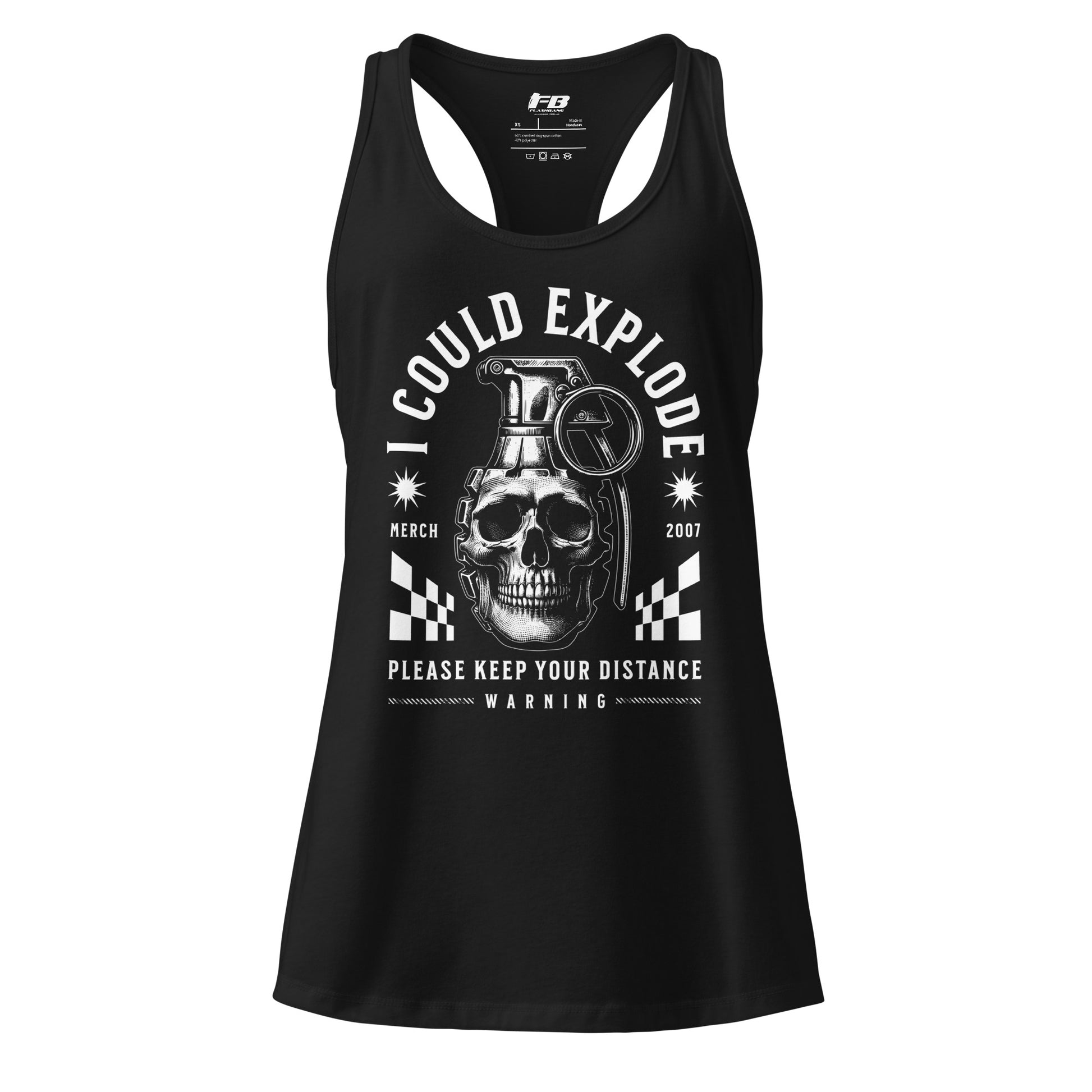 Black tank top with skull and text design on a white background