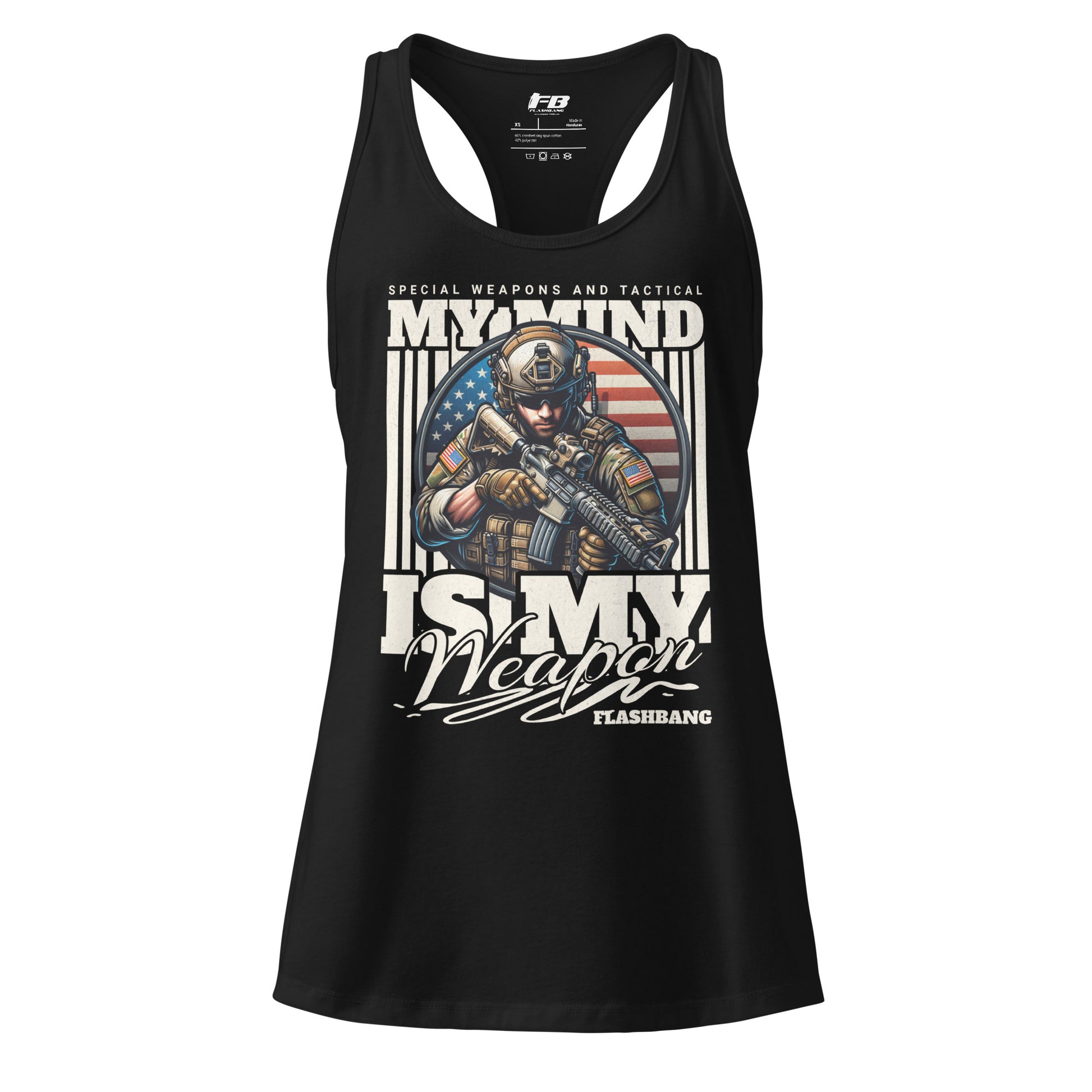 Black tank top with graphic design and text on a white background