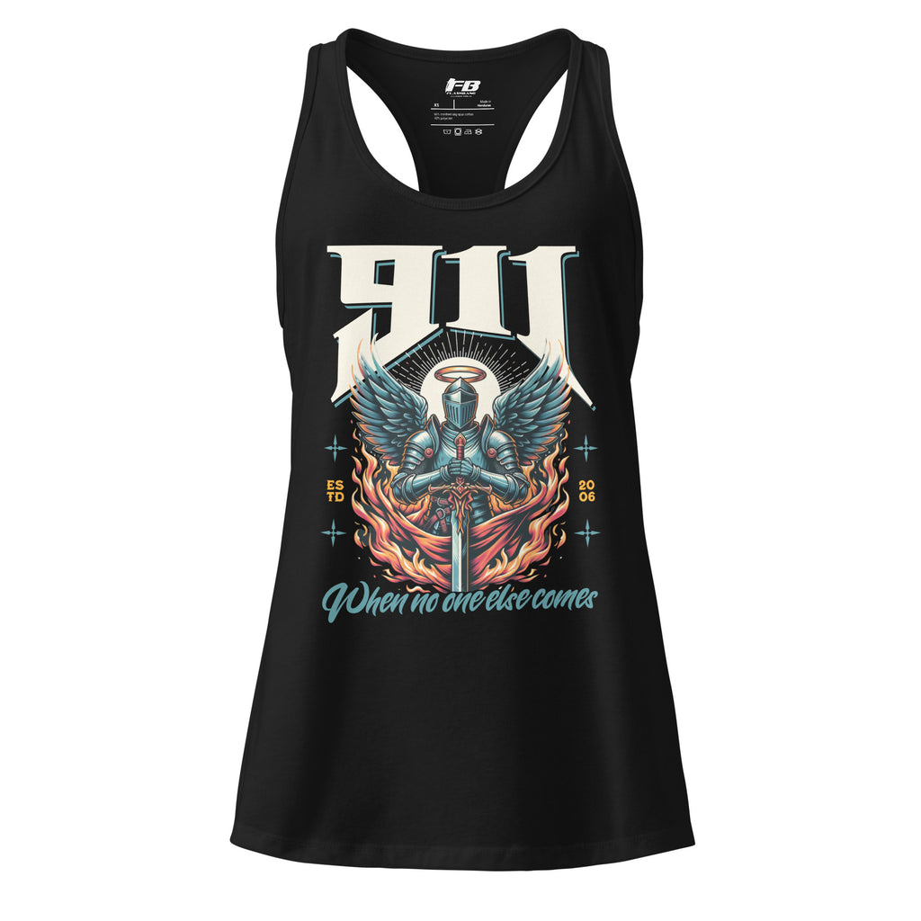 Black tank top with graphic design and text on a white background