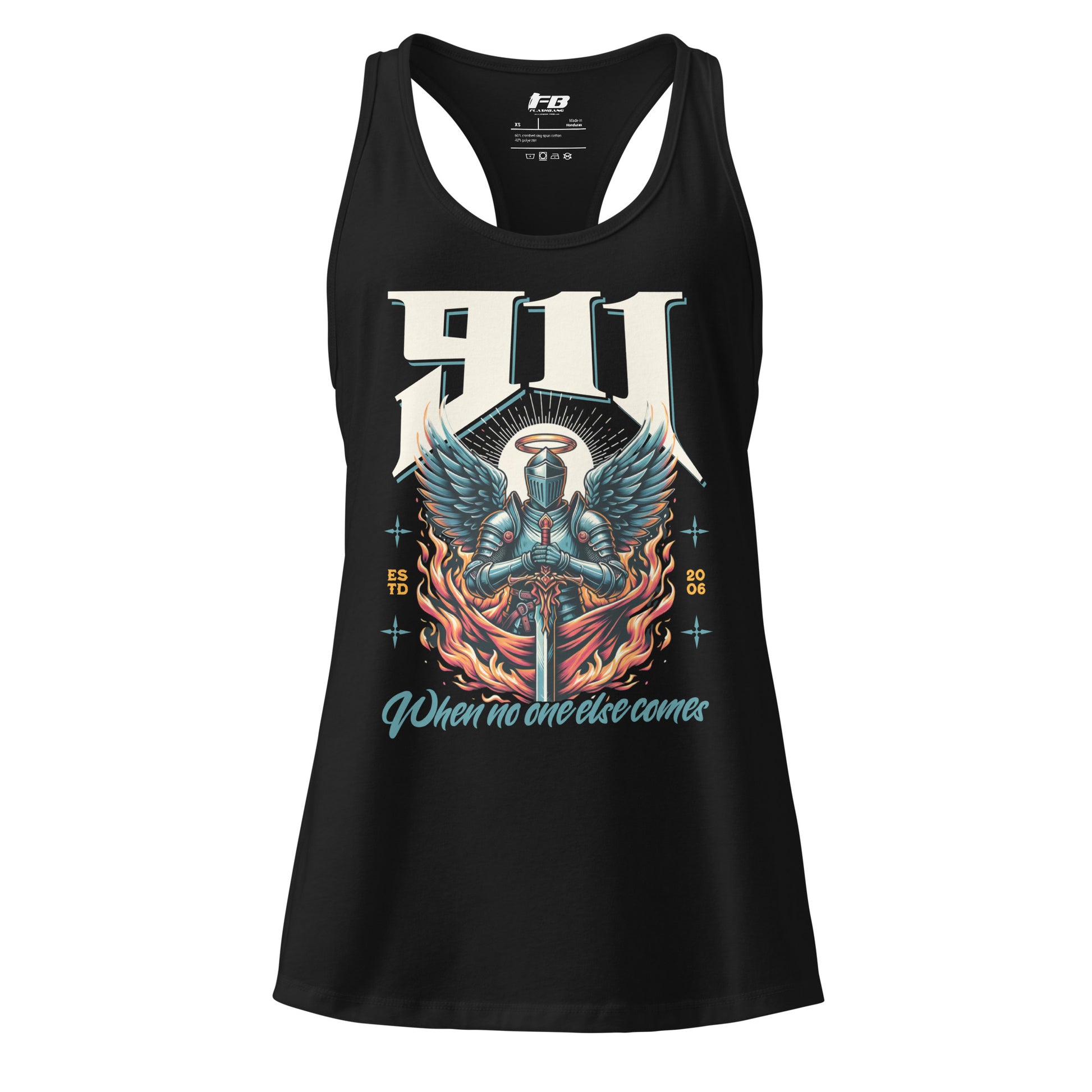 Black tank top with graphic design and text on a white background