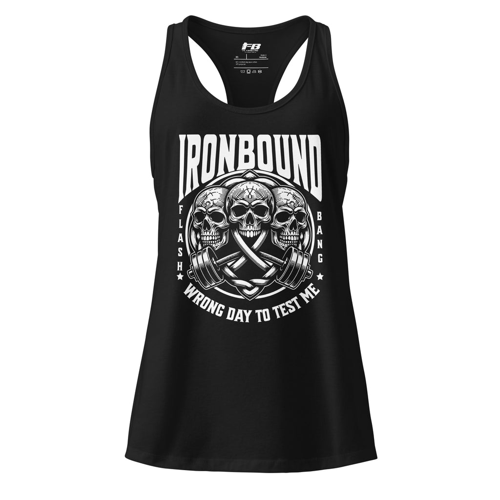 Black tank top with skull and barbell design on a white background