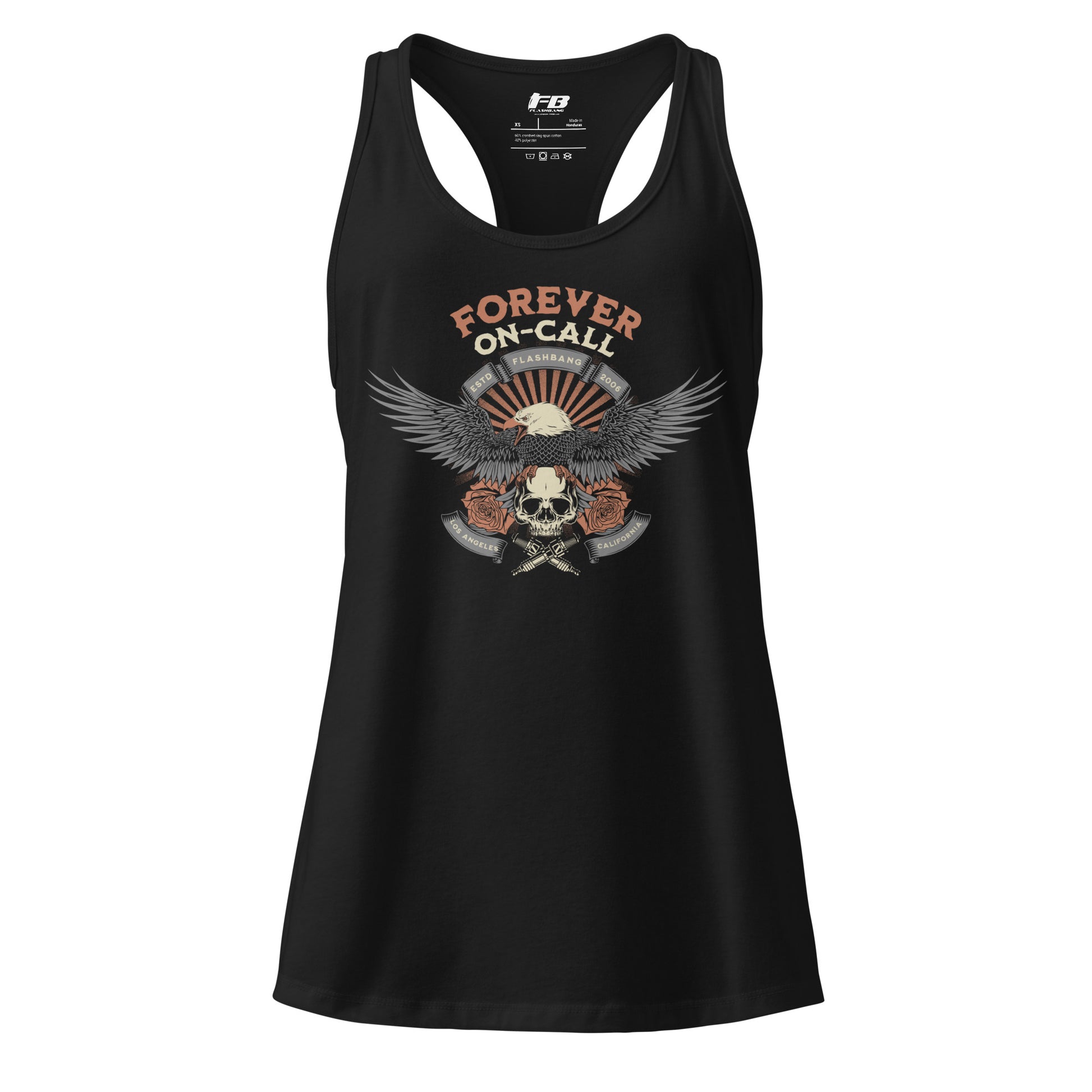 Black tank top with eagle and skull design and 'Forever On-Call' text on a white background
