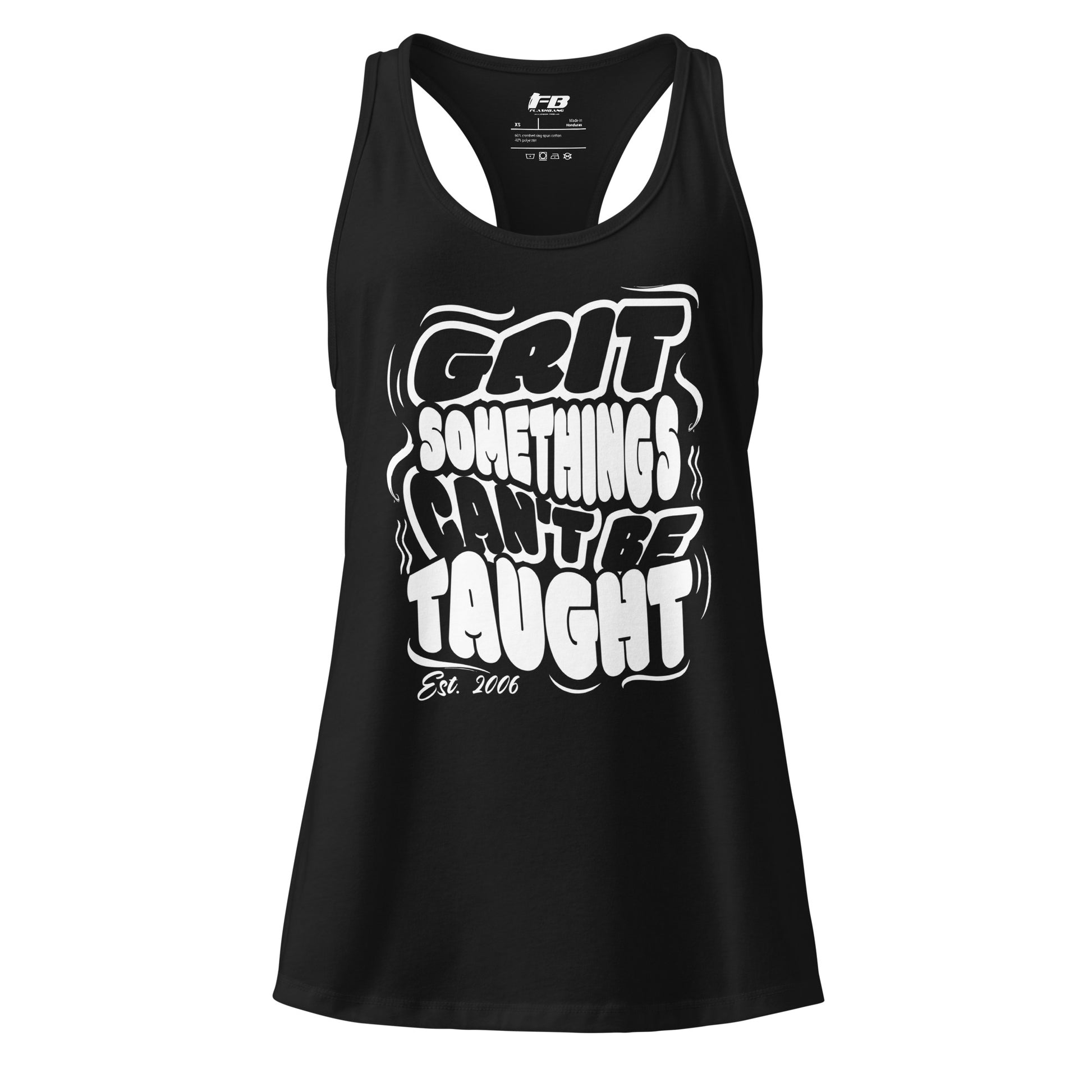 Black tank top with white text on a white background