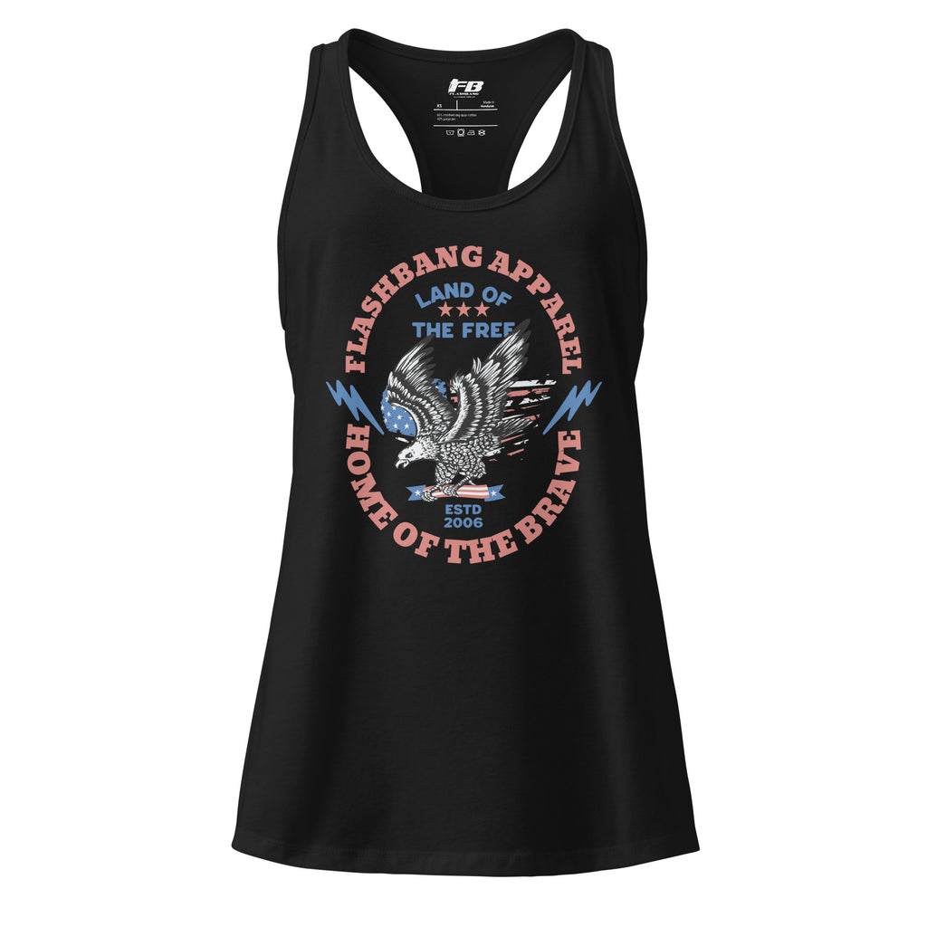 Black tank top with patriotic design and 'Flashbang Apparel' branding on a white background