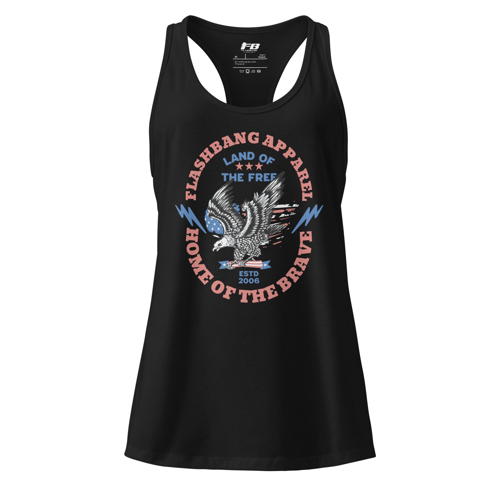 Black tank top with patriotic design and 'Flashbang Apparel' branding on a white background