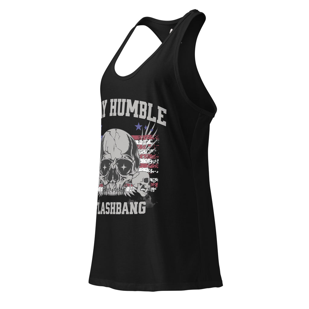 Black tank top with skull design and 'Stay Humble Flashbang' text on a white background - Side View