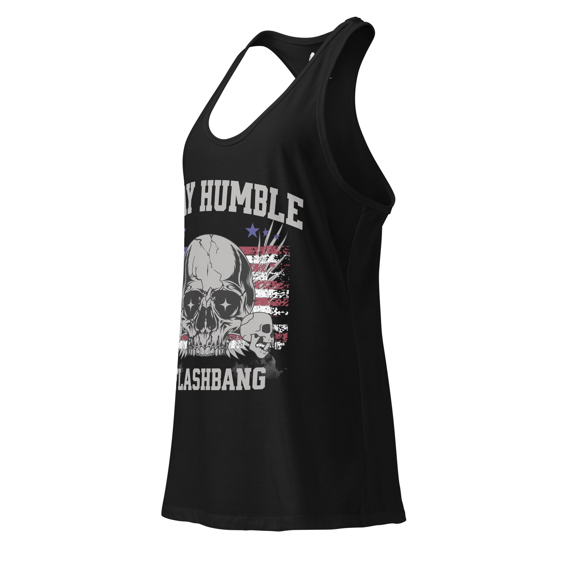 Black tank top with skull design and 'Stay Humble Flashbang' text on a white background - Side View