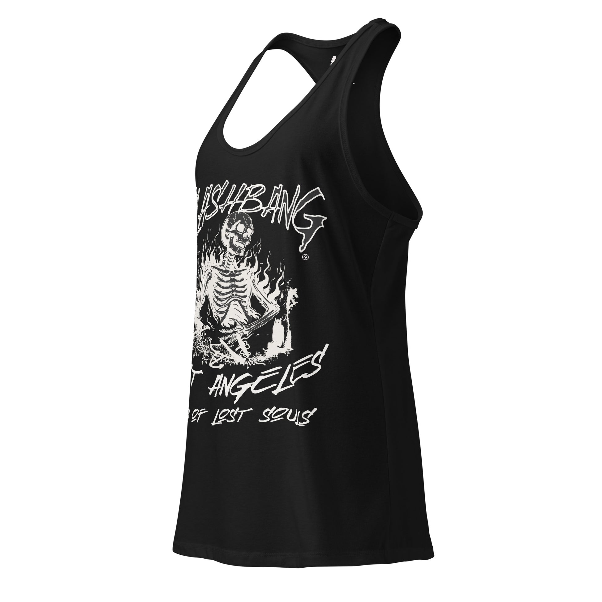 Black tank top with white graphic design on a white background