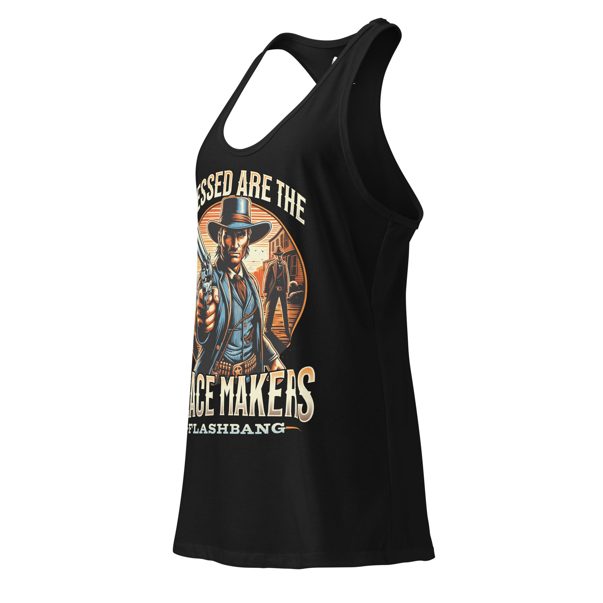 Black tank top with graphic design of a cowboy and text on a white background
