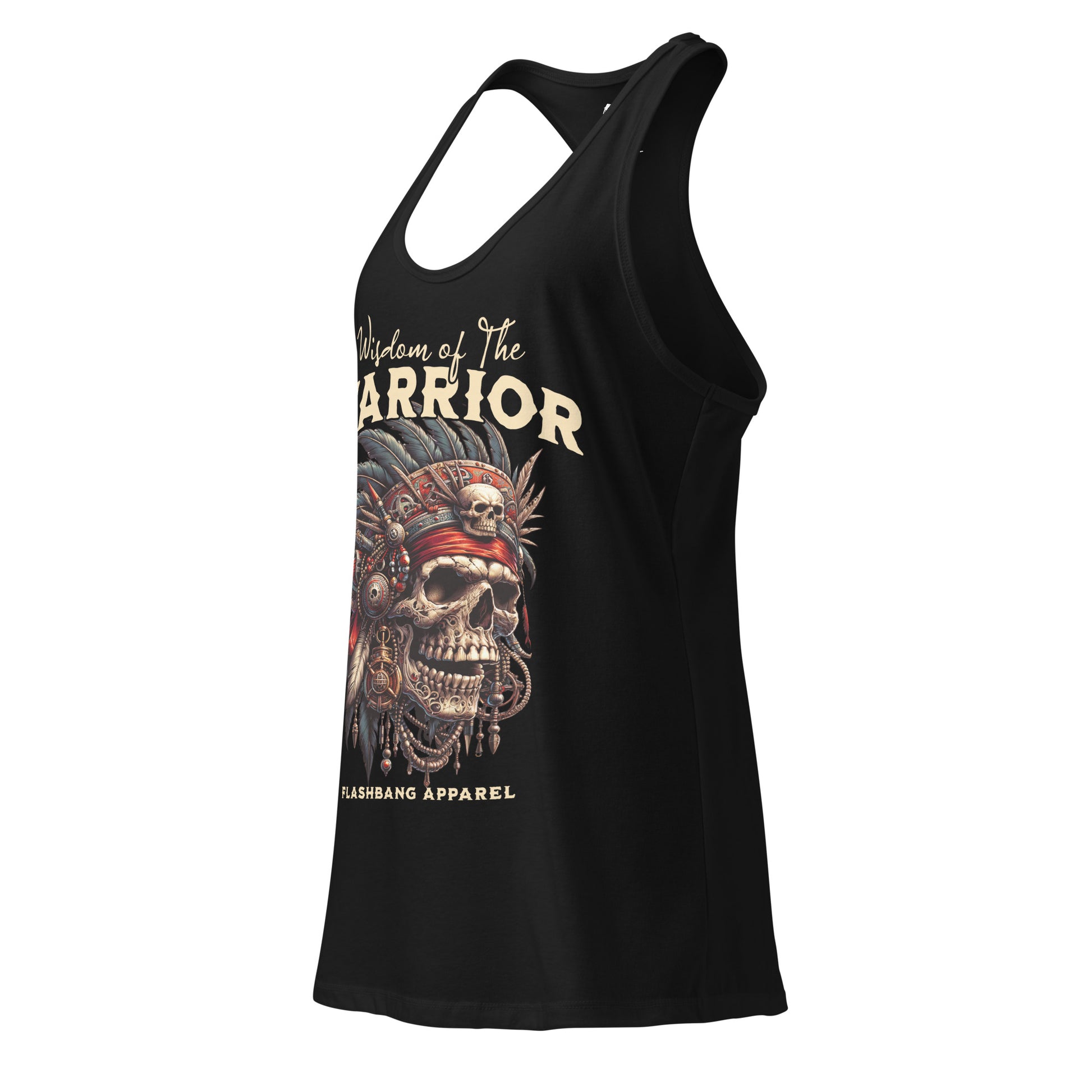 Black tank top with skull and headdress design on a white background