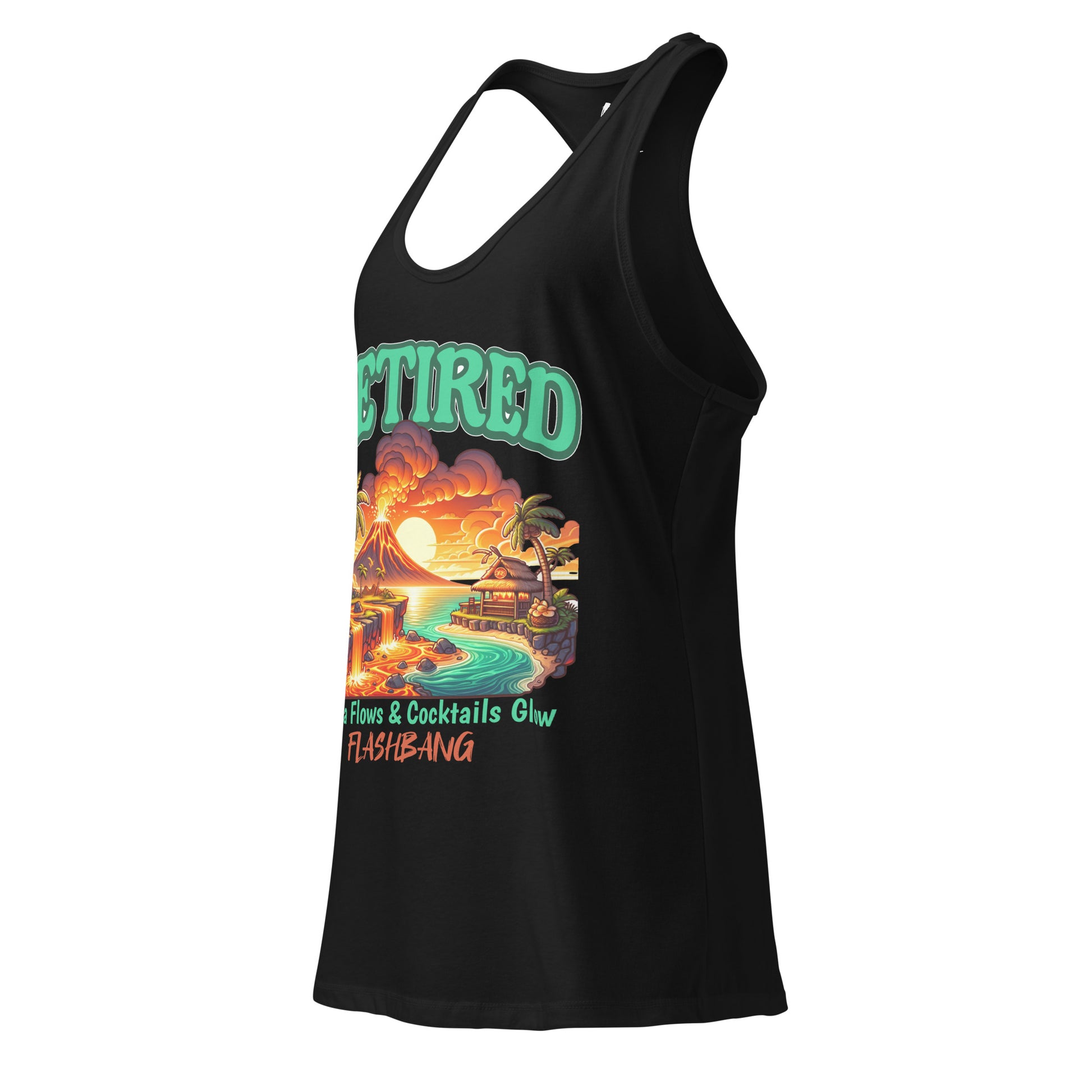 Black tank top with a colorful graphic design on a white background