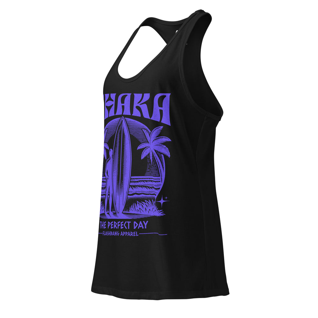Black tank top with purple graphic design on a white background