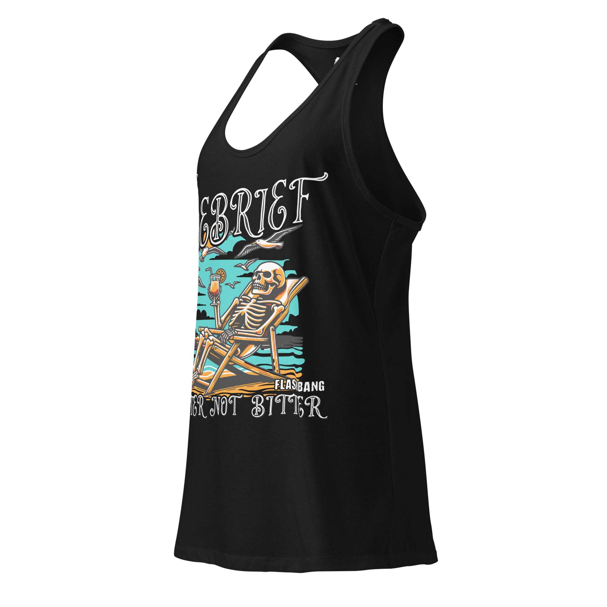 Black tank top with a skeleton design and text on a white background