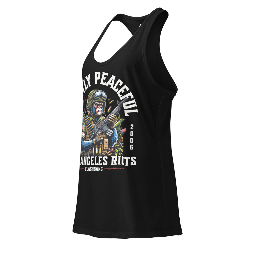 Black tank top with graphic design and text on a white background