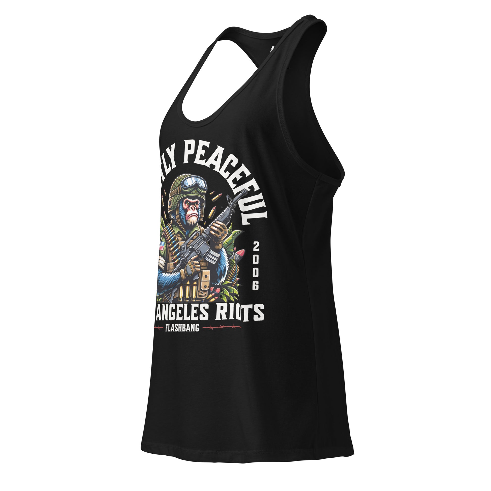 Black tank top with graphic design and text on a white background