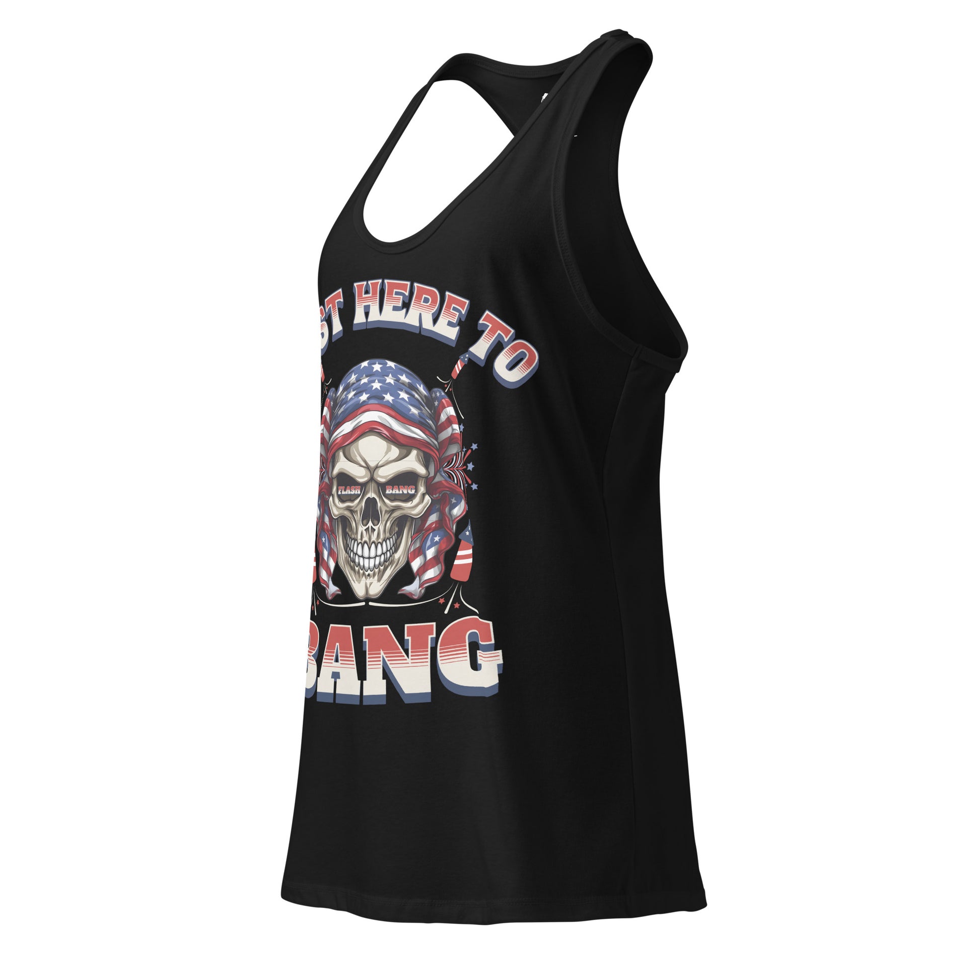 Black tank top with a graphic design of a skull and text on a white background