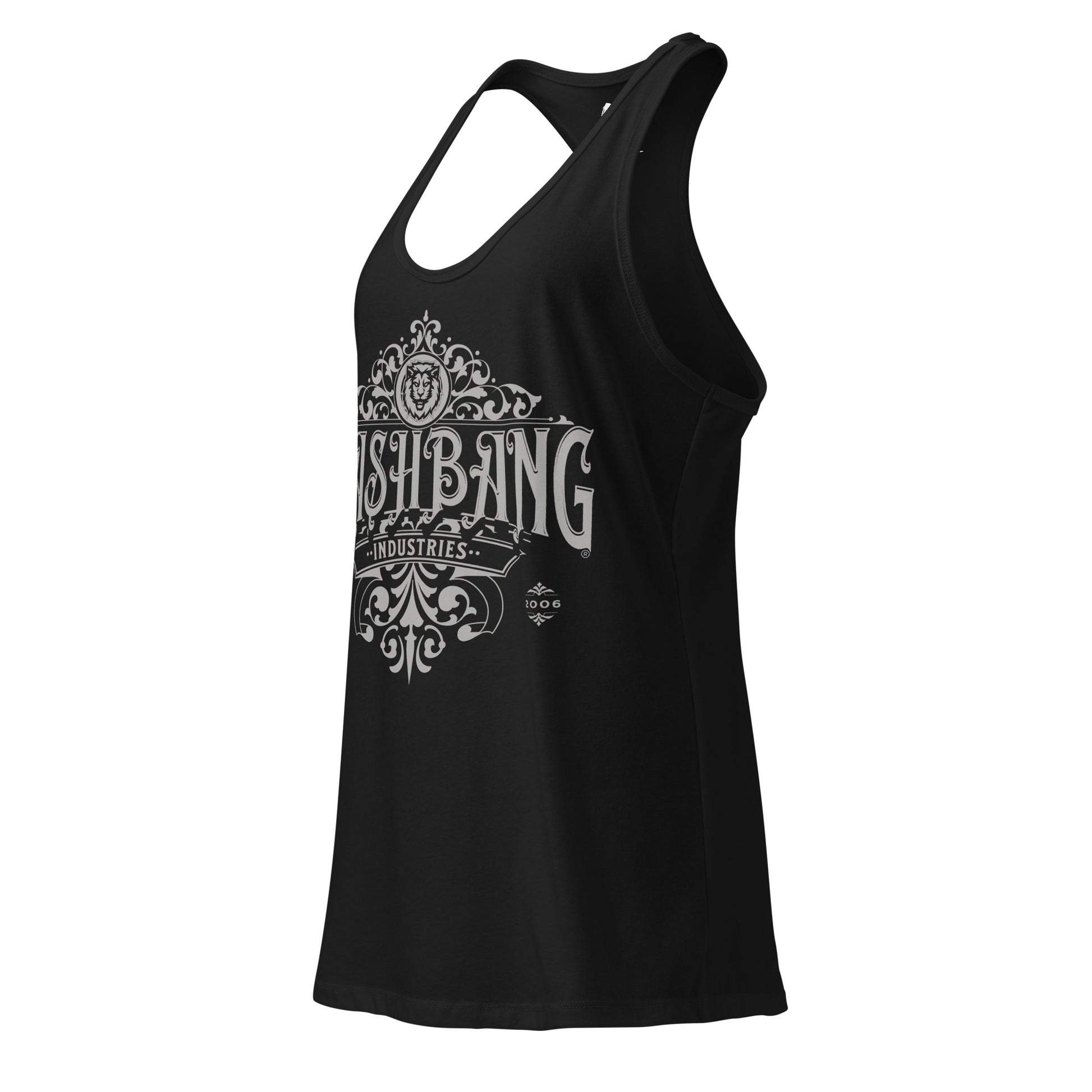 Black tank top with white graphic design on a white background