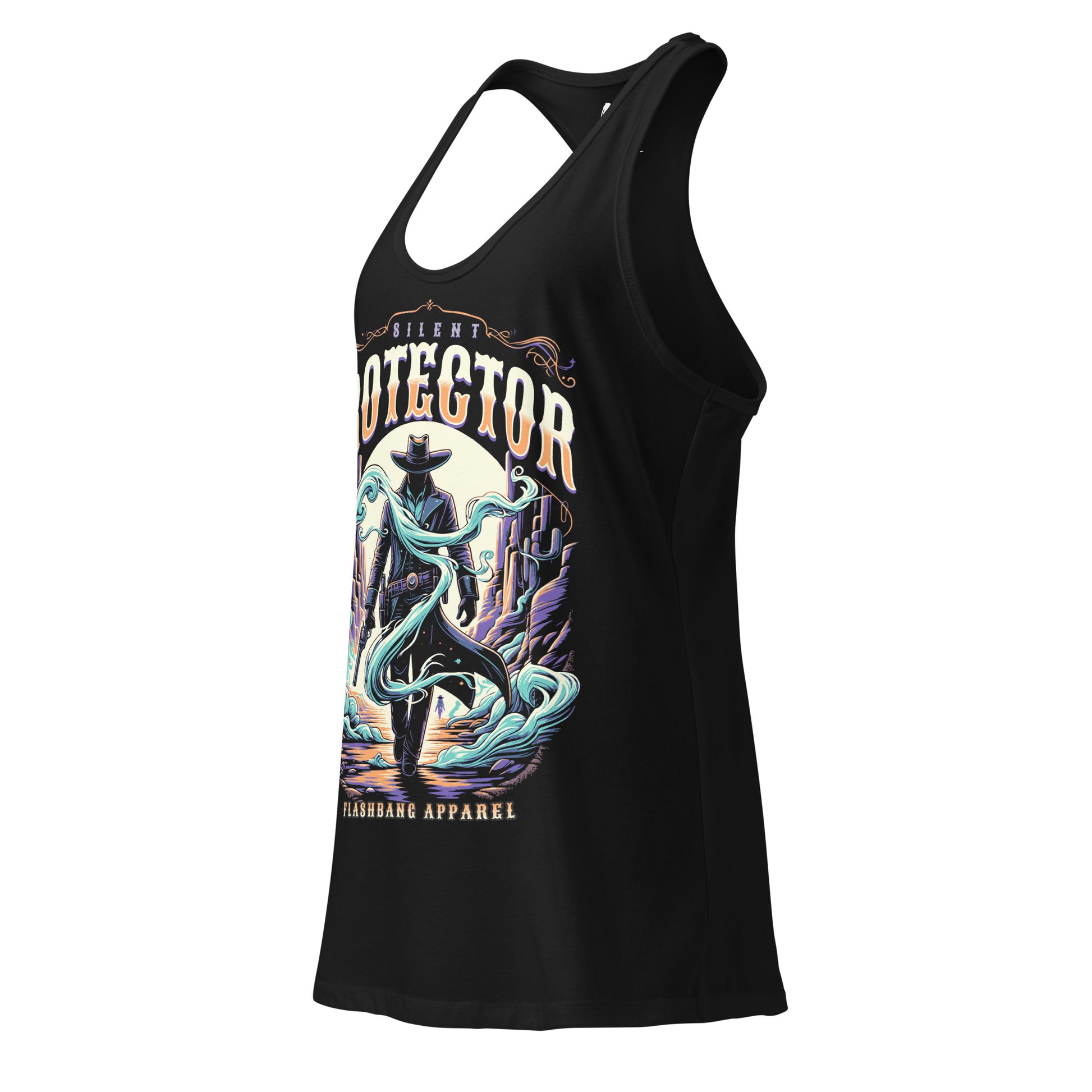 Black tank top with a colorful graphic design on a white background