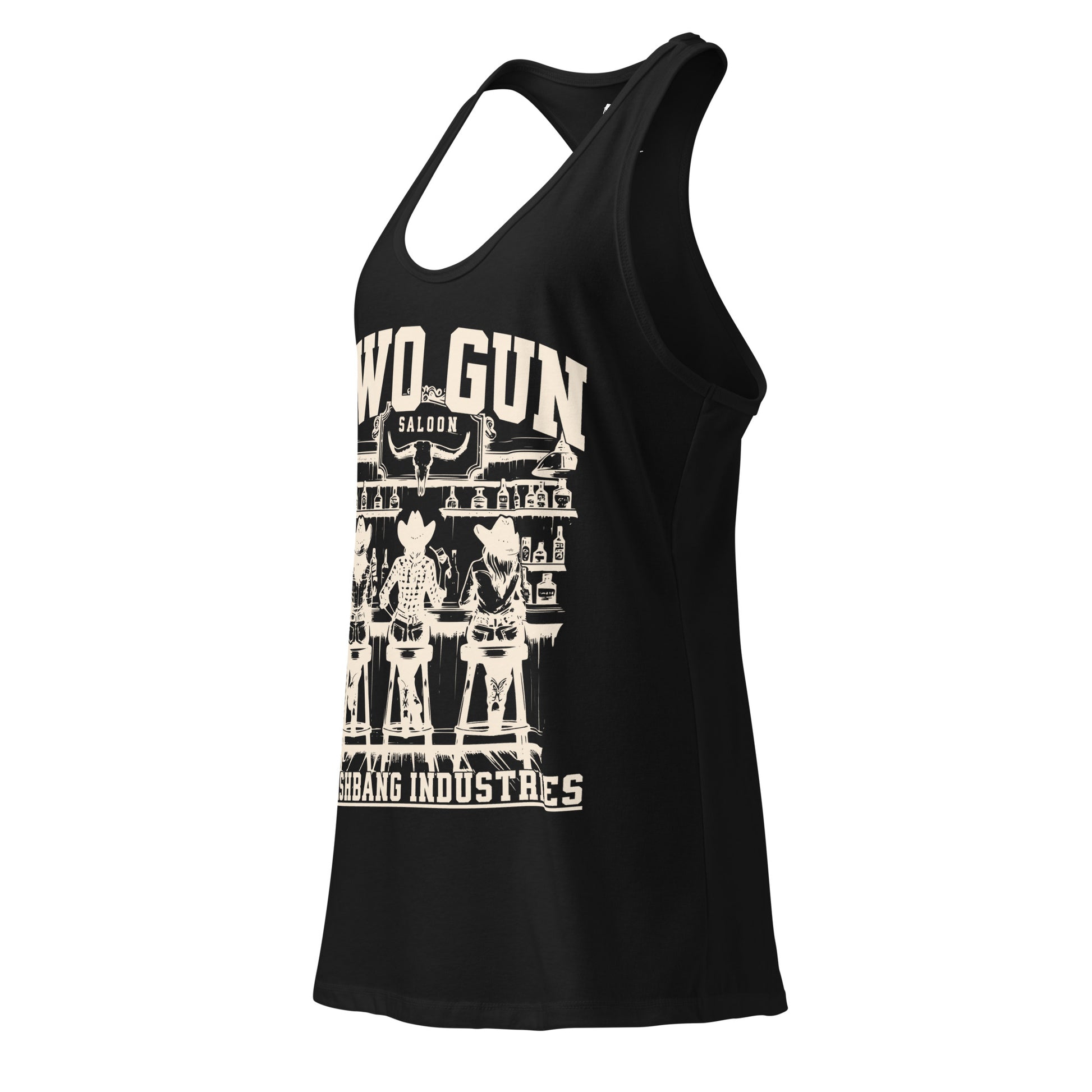 Black tank top with white graphic design on a white background
