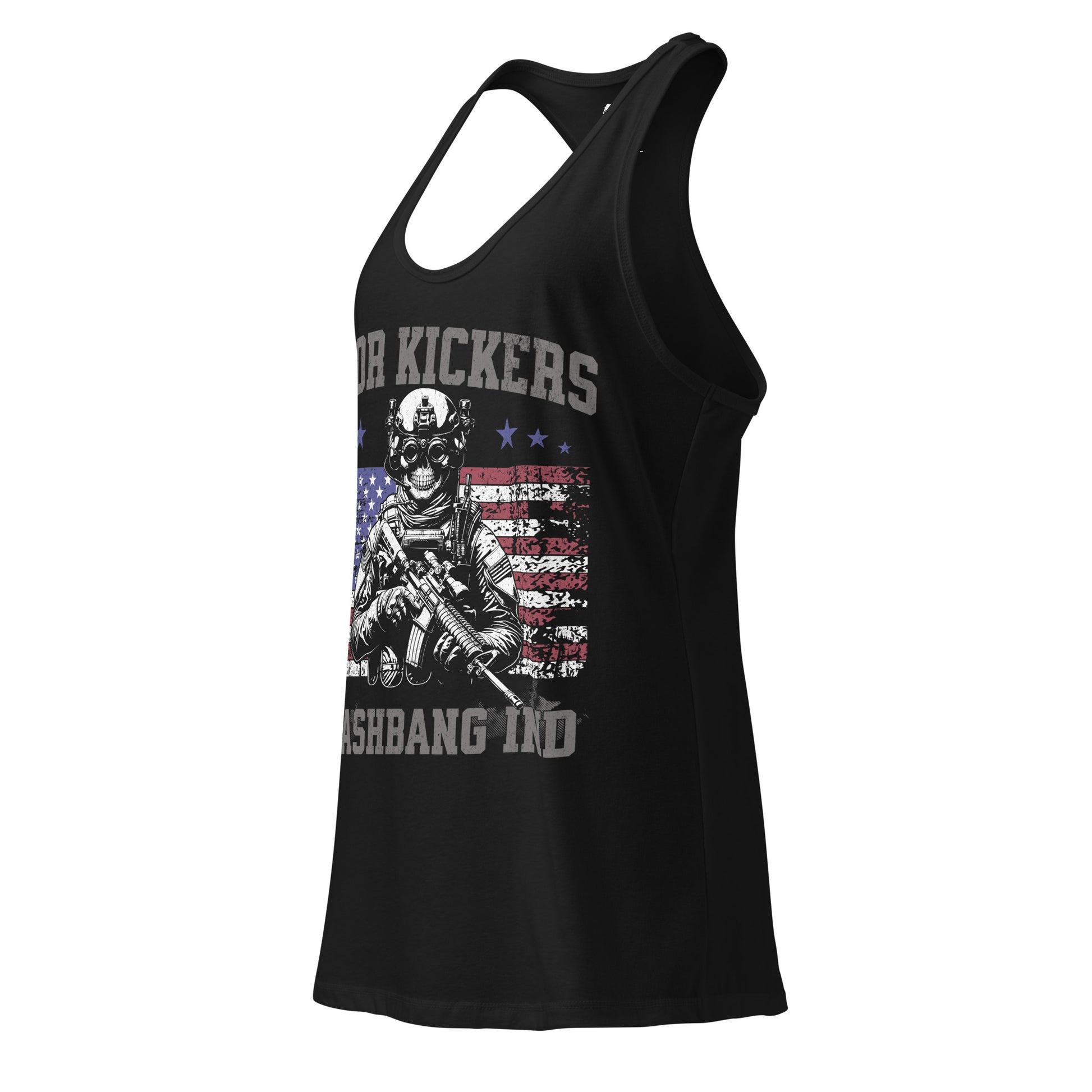 Black tank top with graphic design and text on a white background