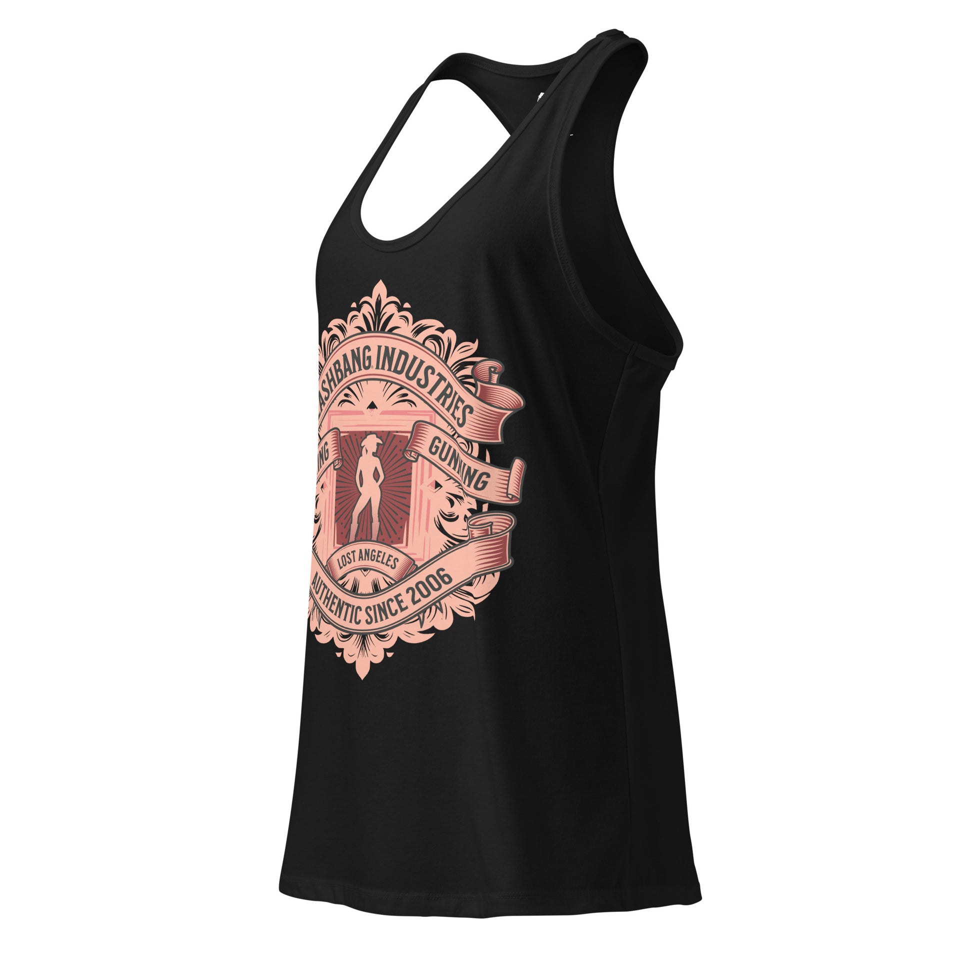 Black tank top with pink graphic design on a white background
