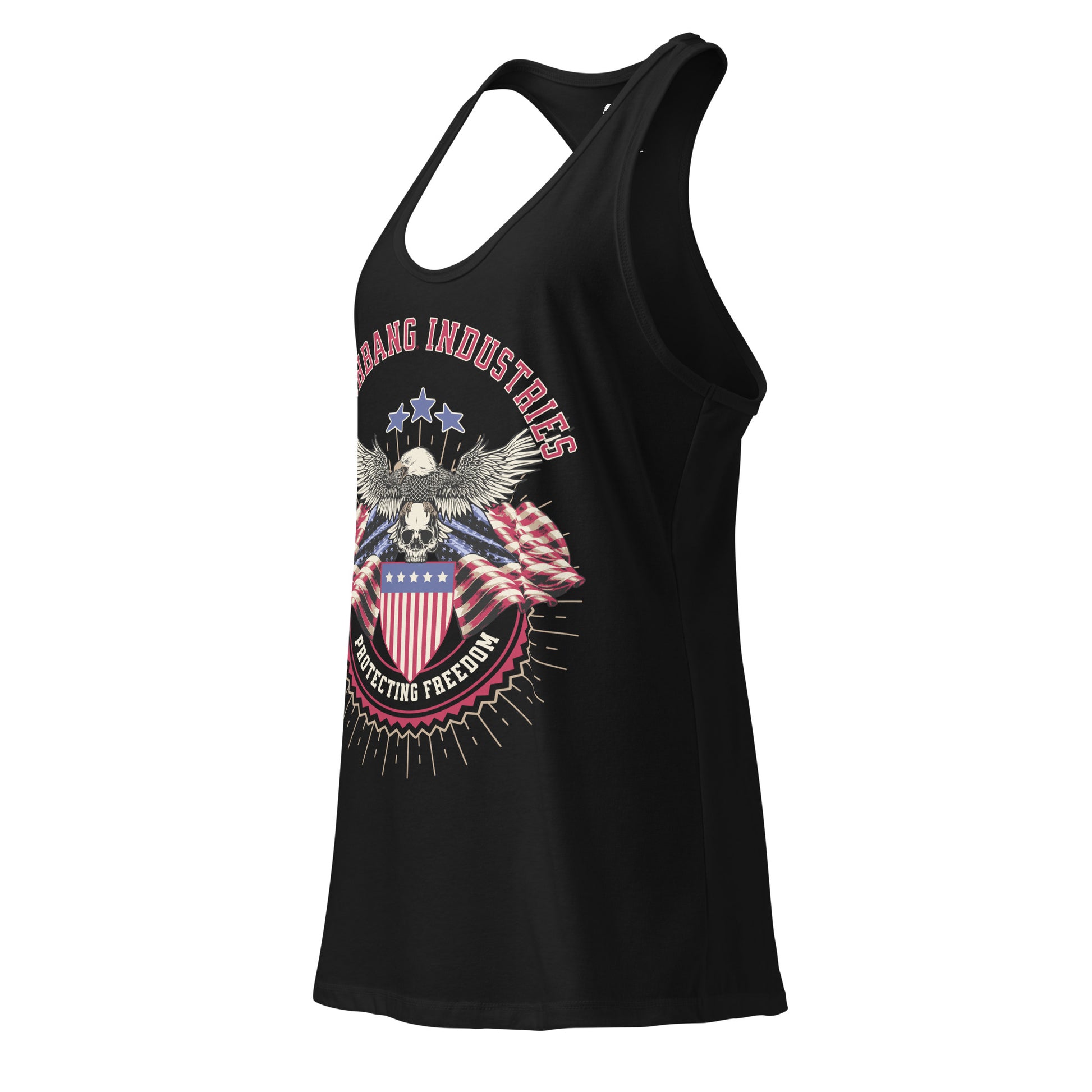 Black tank top with an eagle and flag design on a white background
