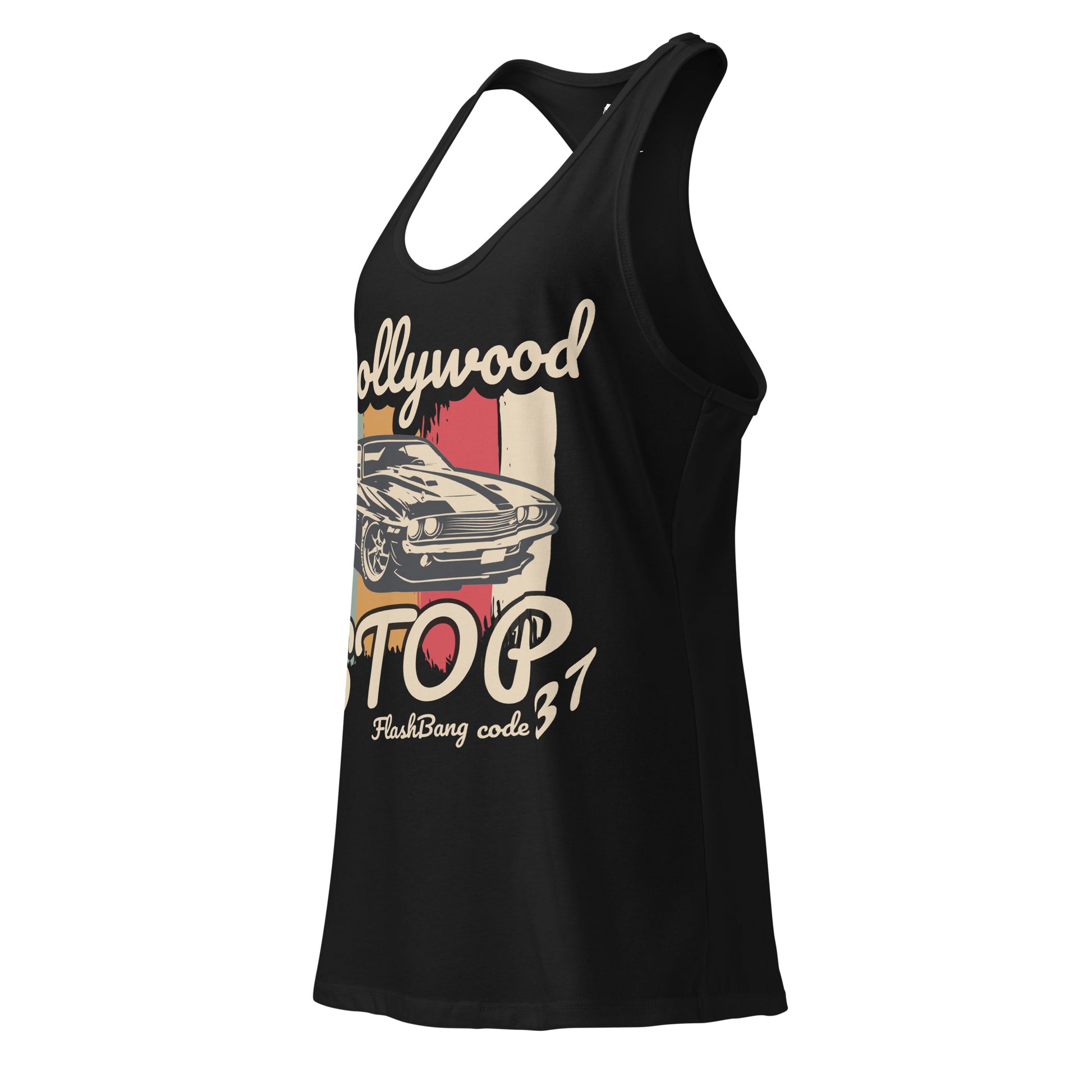 Black tank top with vintage car graphic and text on a white background