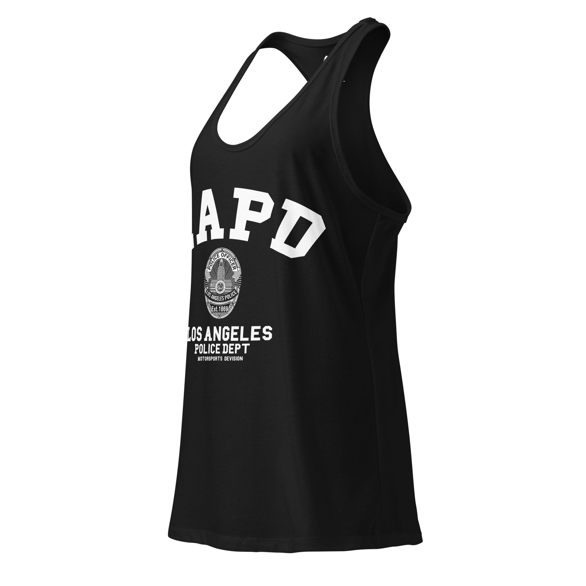 Black tank top with 'APD' and 'Los Angeles Police Dept' text on a white background