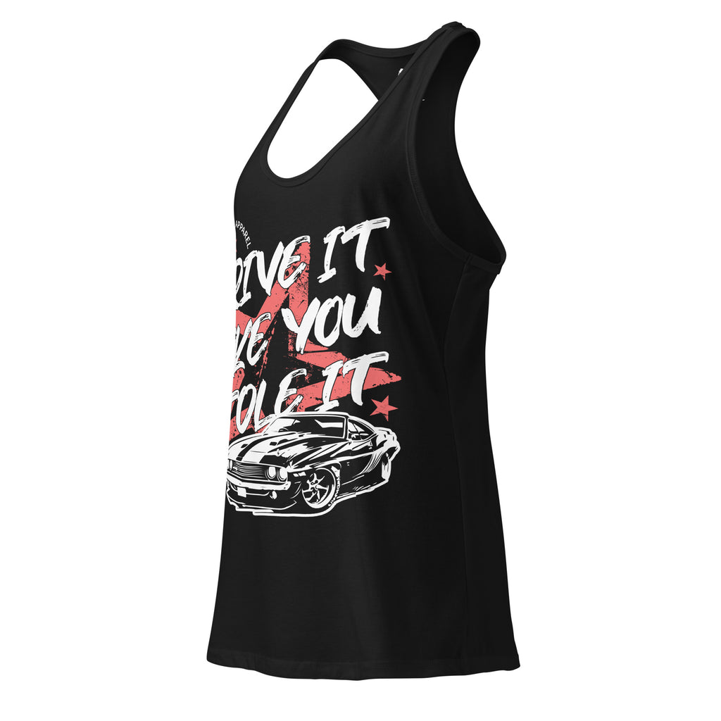 Black tank top with graphic design and text on a white background