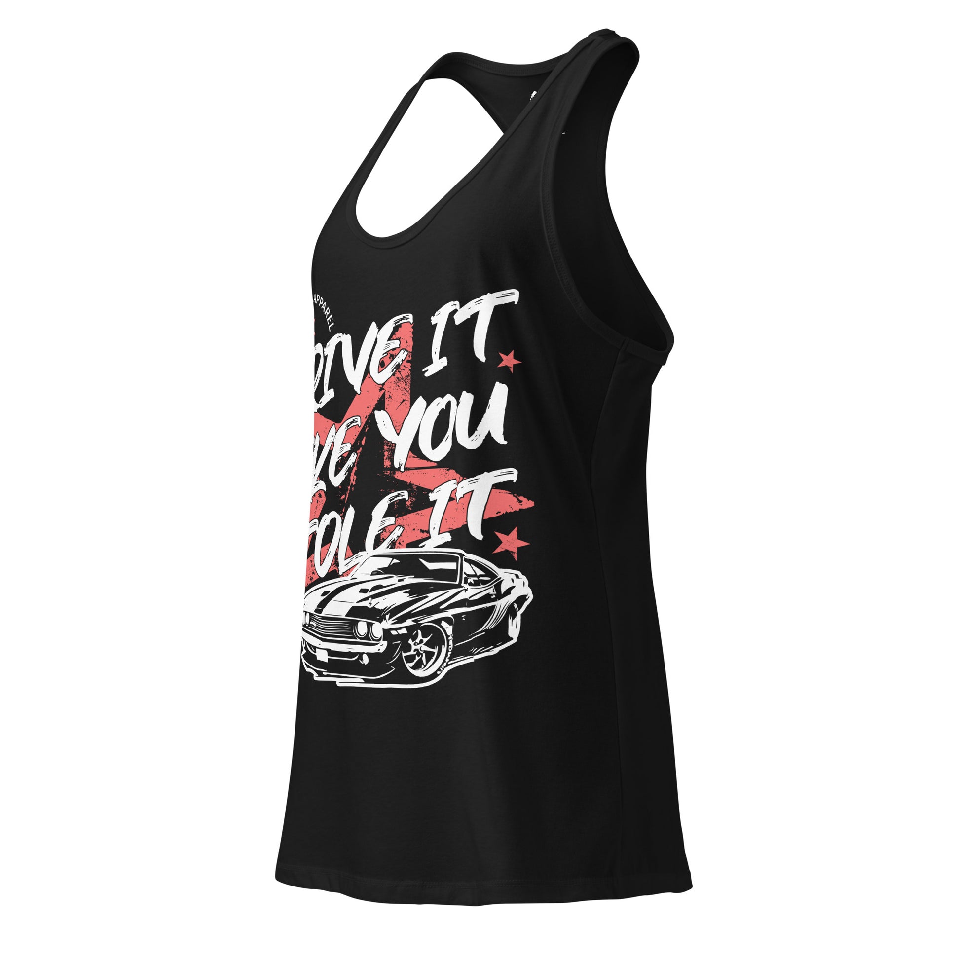 Black tank top with graphic design and text on a white background