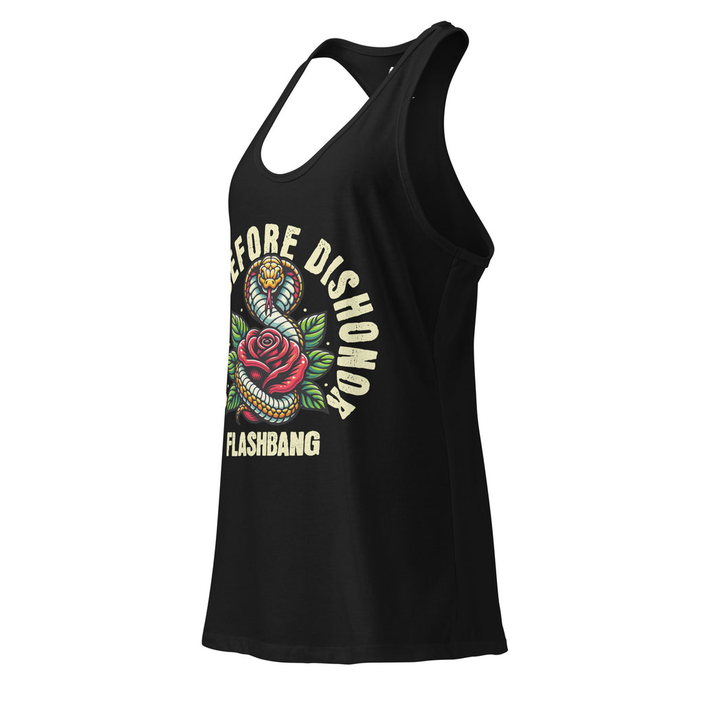 Black tank top with snake and rose design and text on a white background