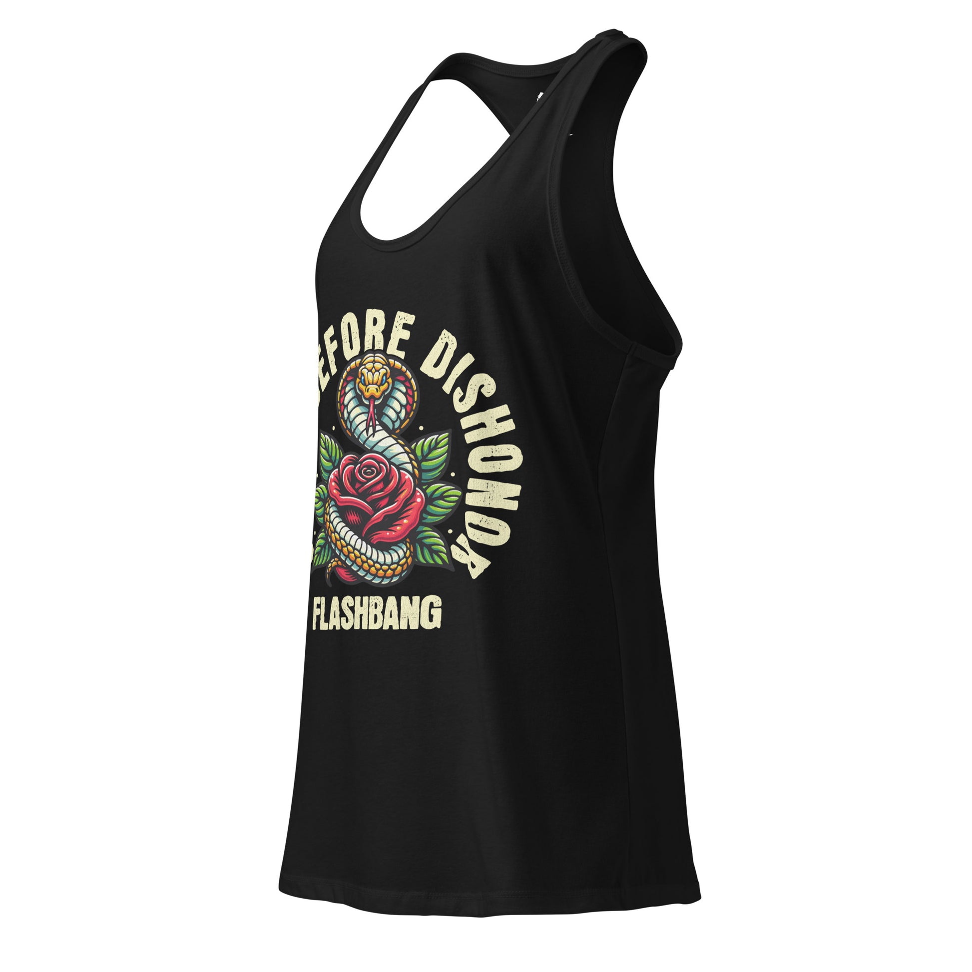 Black tank top with snake and rose design and text on a white background