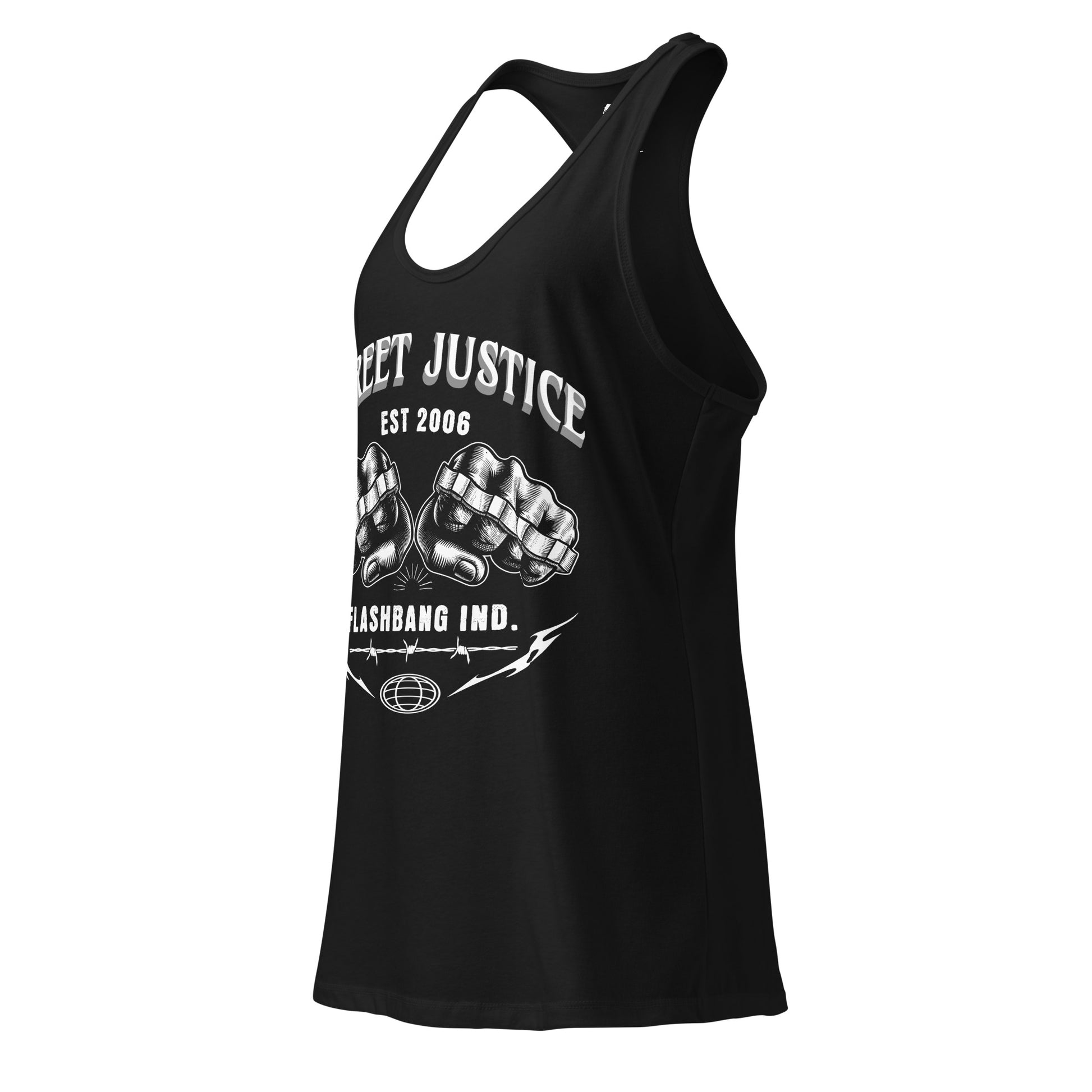 Black tank top with white graphic design on a white background