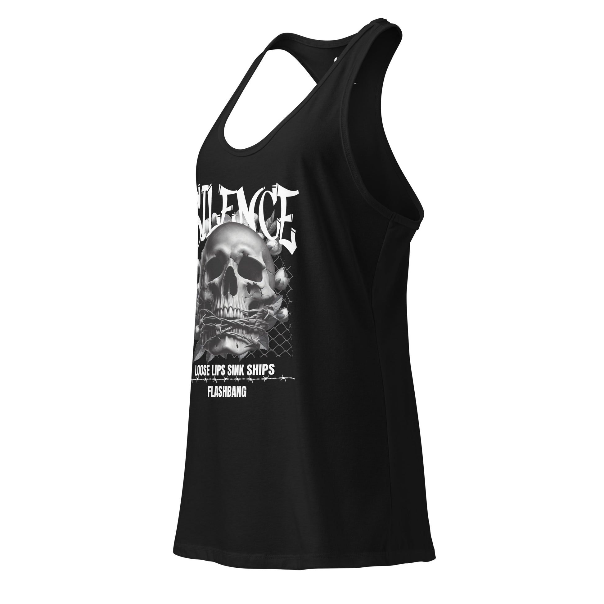 Black tank top with a graphic design featuring a skull and text on a white background