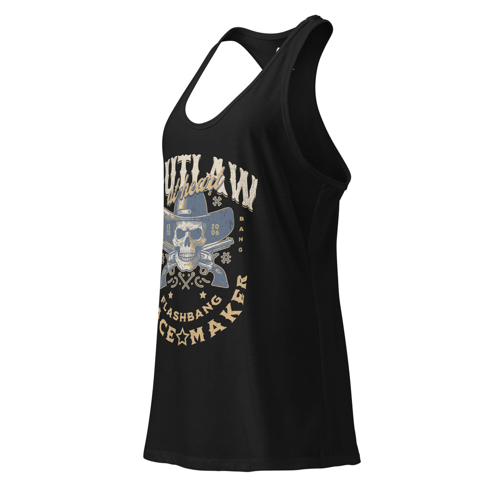 Black tank top with graphic design and text on a white background